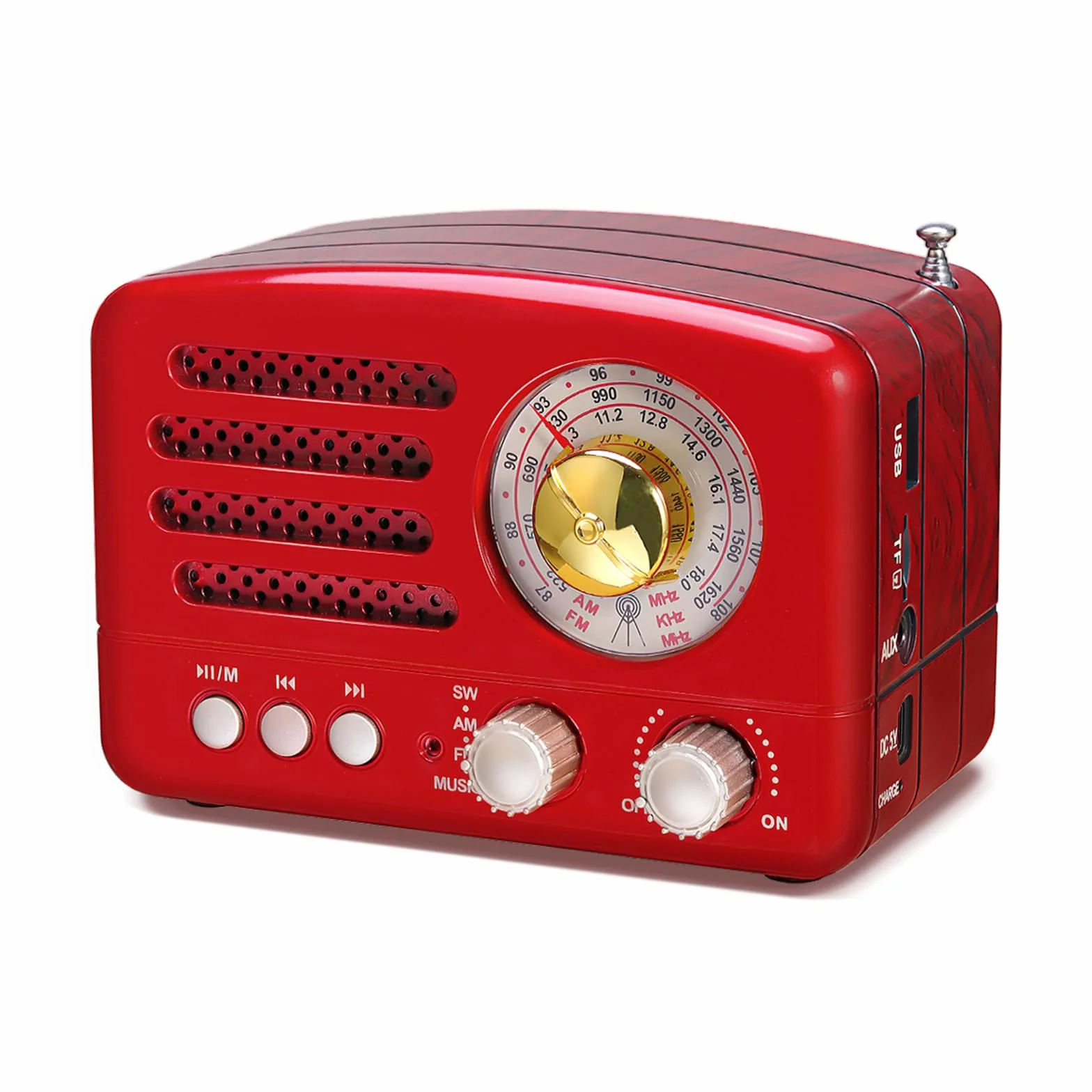 PRUNUS J-160 Radio Portatile Vintage FM/AM/SW, Altoparlante Bluetooth Retro, Batteria Ricaricabile 1800 mAh (Rosso)
