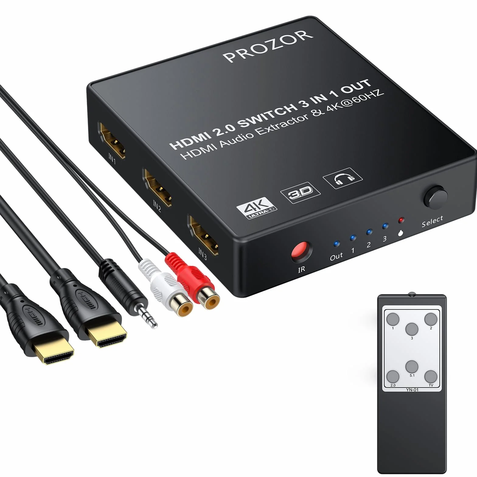 PROZOR HDMI Switch 3 Ingressi 1 Uscita con Estrattore Audio Uscita Analogico Ottico Toslink SPDIF 4K 3D HDMI Convertitore per Blu-ray DVD Player Satellite Box PS3 PS4 Apple TV PC HD Camera DVR
