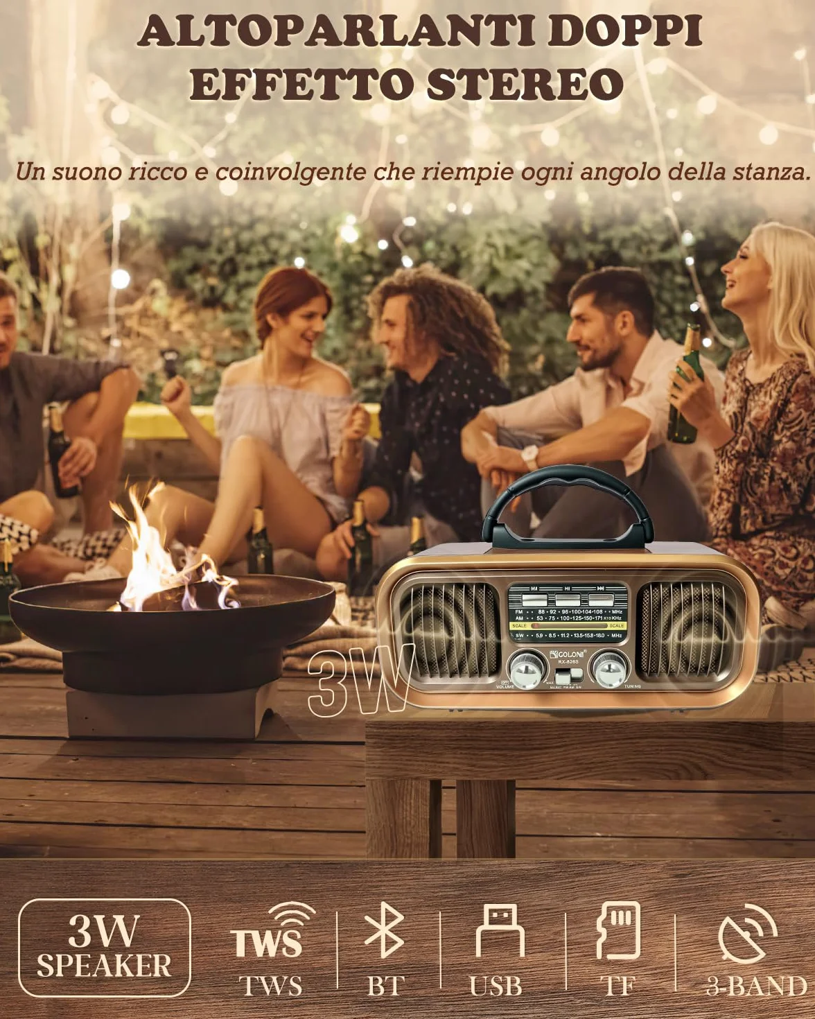 Radio Portatile Vintage FM/AM/SW Bluetooth, Ricaricabile 1200 mAh Pannello Solare, TF Card USB MP3