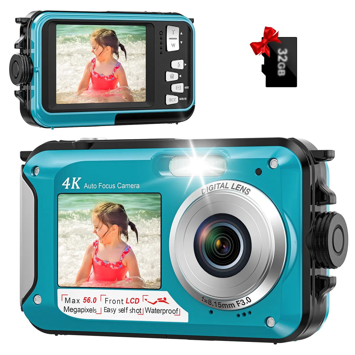 Fotocamera digitale autofocus 56MP 4K fotocamera digitale impermeabile 16x zoom digitale 2,8 pollici schermo subacqueo con scheda da 32 GB