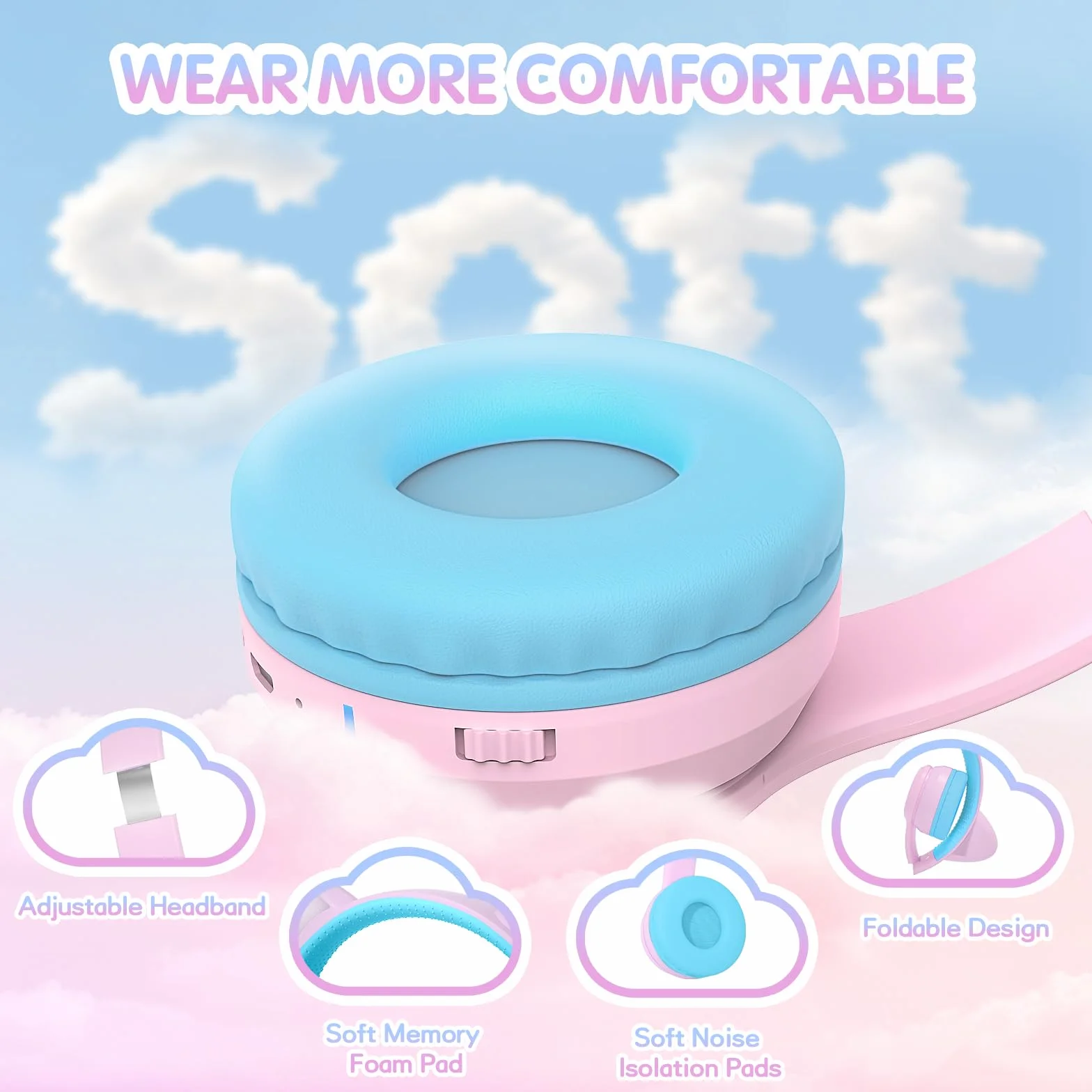 IFECCO Cuffie Bluetooth per bambini senza fili con custodia – Cuffie over-ear con luci LED, orecchie da gatto, limitazione del volume a 85 dBA, microfono integrato, compatibili con iPad/tablet/scuola