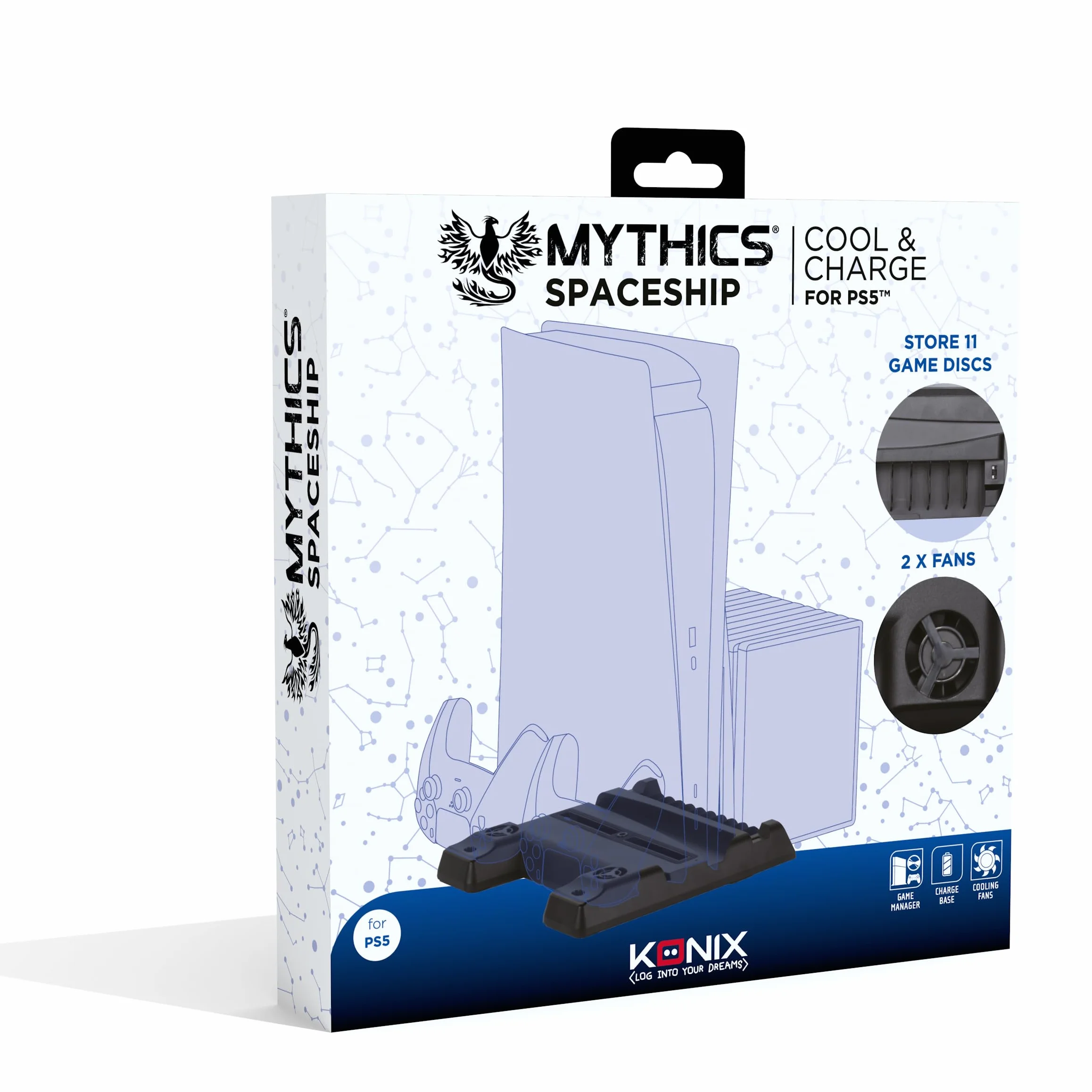 Konix Mythics Cool & Charge Spaceship Base di Ricarica per Console PS5, 2 Controller DualSense, Fino a 11 Giochi - Nero