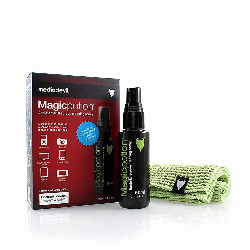 MediaDevil Magicpotion, spray antibatterico per la pulizia dello schermo e delle lenti, 50 ml (confezione da 2) con panno in microfibra