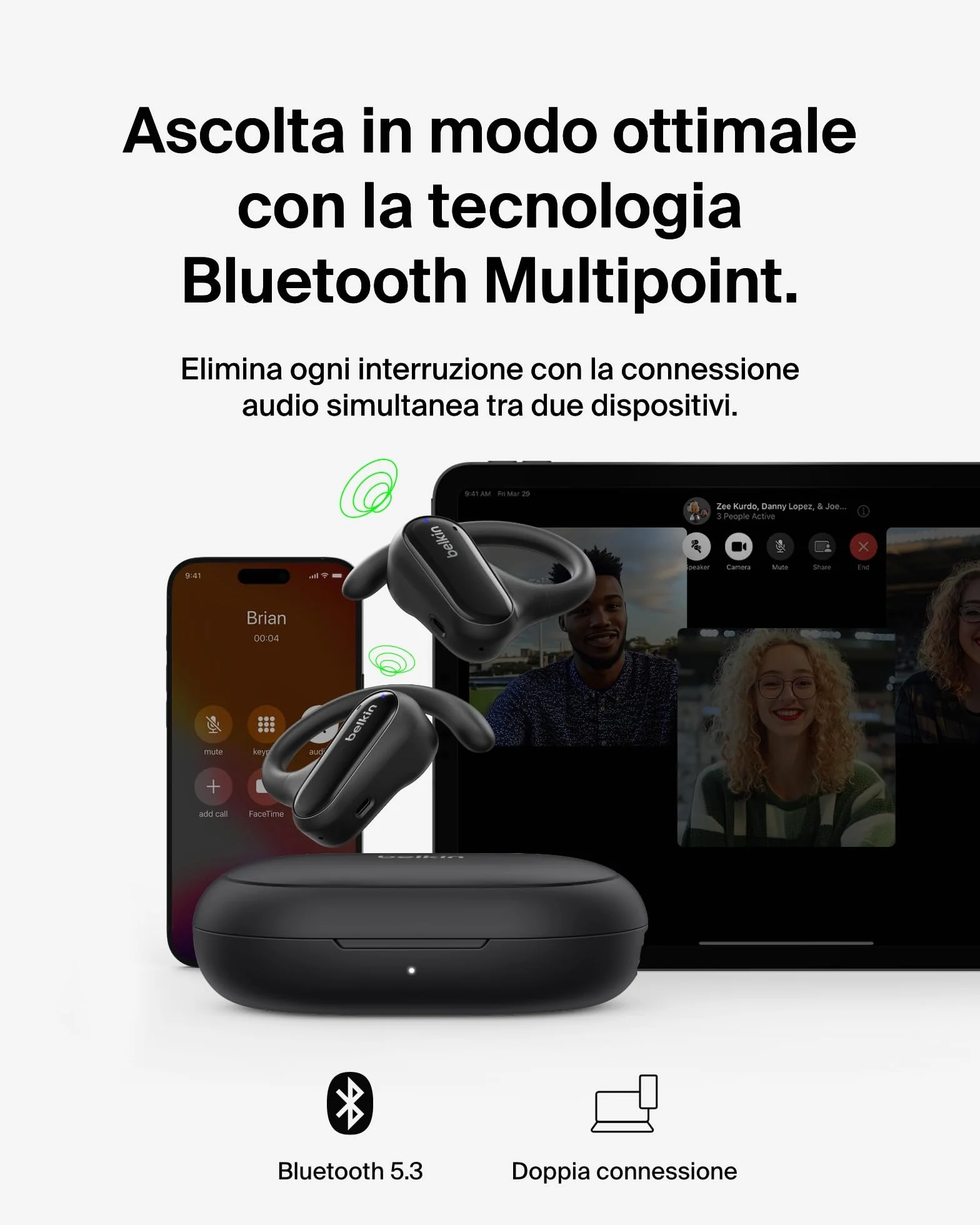 Belkin SoundForm ClearFit Auricolari Wireless Open-Ear Sportivi e Leggeri, Auricolari Bluetooth Resistenti all'Acqua (IPX5), Cuffie Wireless per Escursionismo, Ciclismo, Corsa e Altro, Nero
