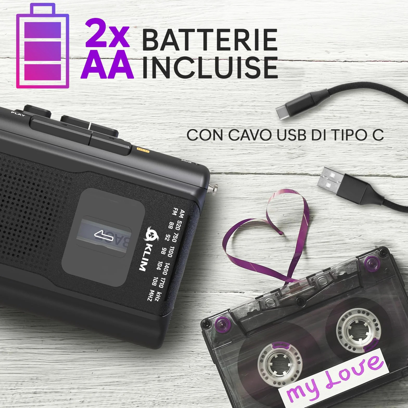 KLIM K8 Lettore Cassette Audio con Cuffie F1 - Registratore Cassette AM/FM Radio - Microfono e Altoparlante Integrati - Nero