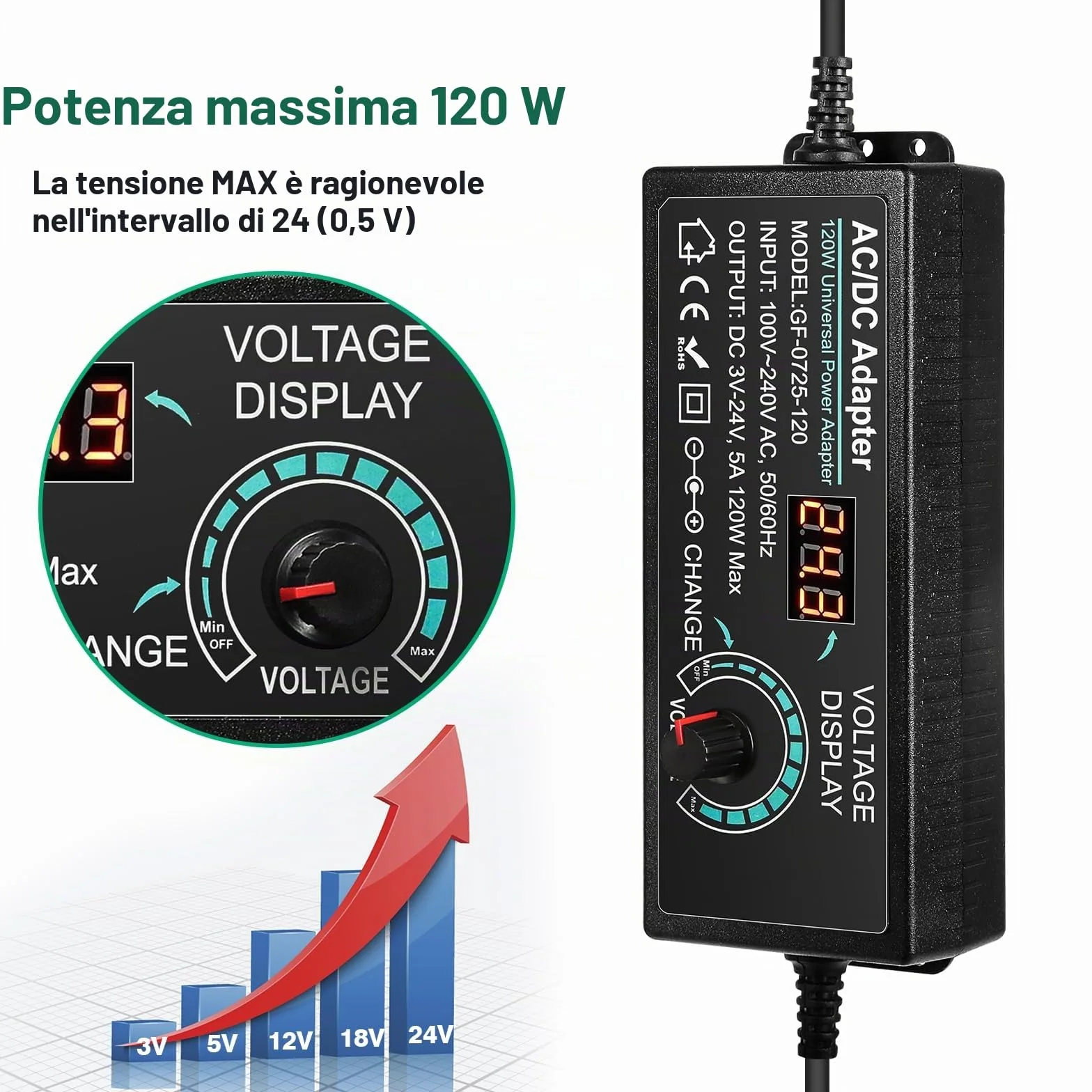 Alimentatore Universale 120W Regolabile 3V 5V 6V 12V 24V DC con USB 14 Connettori Spina Europea AC100-240V