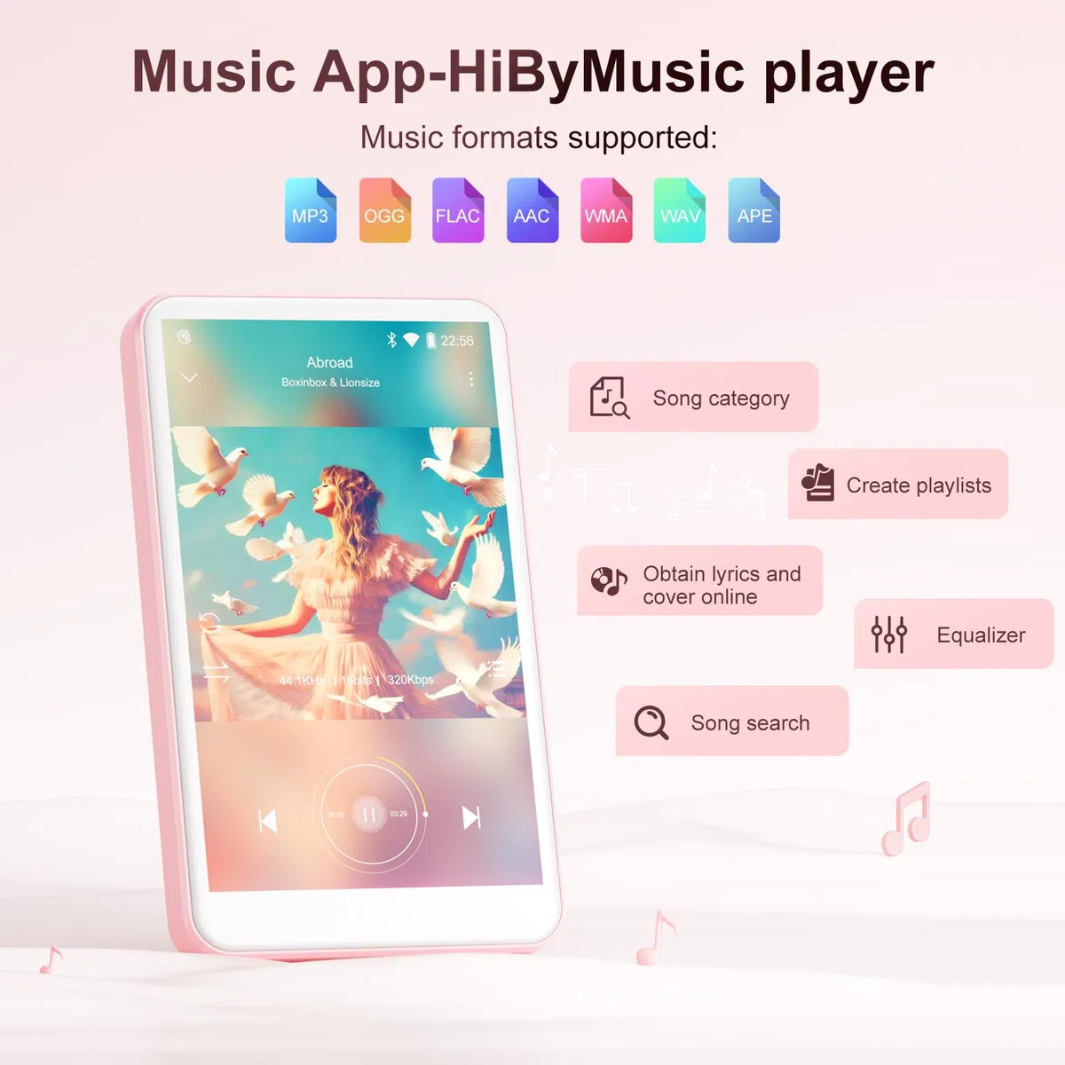 Lettore MP3 con Bluetooth e WiFi, Oilsky 80GB Portable MP3 Music Player con Spotify, Audible, Deezer, 4 pollici 1080P Touchscreen MP4 Player, Android 9.0 (rosa)