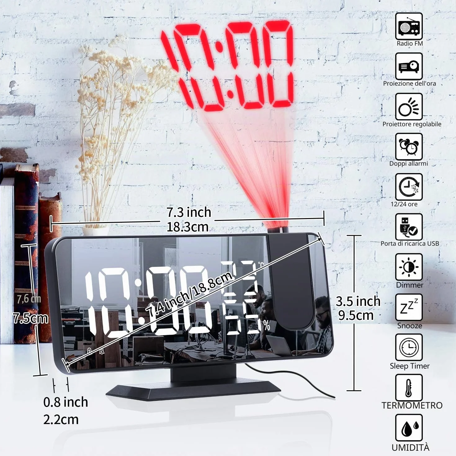 ThreeH Sveglia a Proiezione per Camera da Letto Ampio Display a Specchio LED 7,4'' con Ricarica USB Ruotabile 180° Nero-Bianco