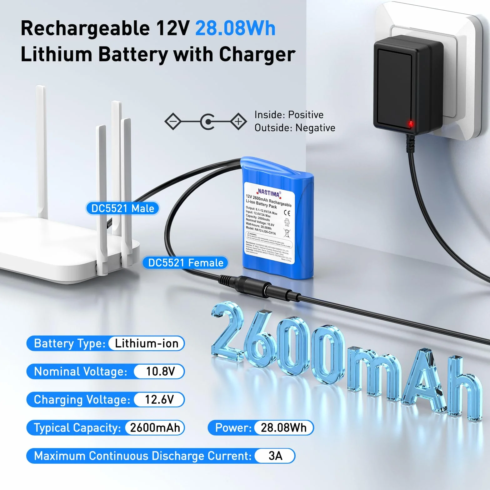 NASTIMA 2600mAh 28,08Wh 12V Batterie Lithium-Ion Rechargeable Adaptée aux Appareils Photo, Caméscopes, Lecteurs MP3, Claviers Électroniques, Routeur, Radio, etc. Chargeur et Connecteur Inclus