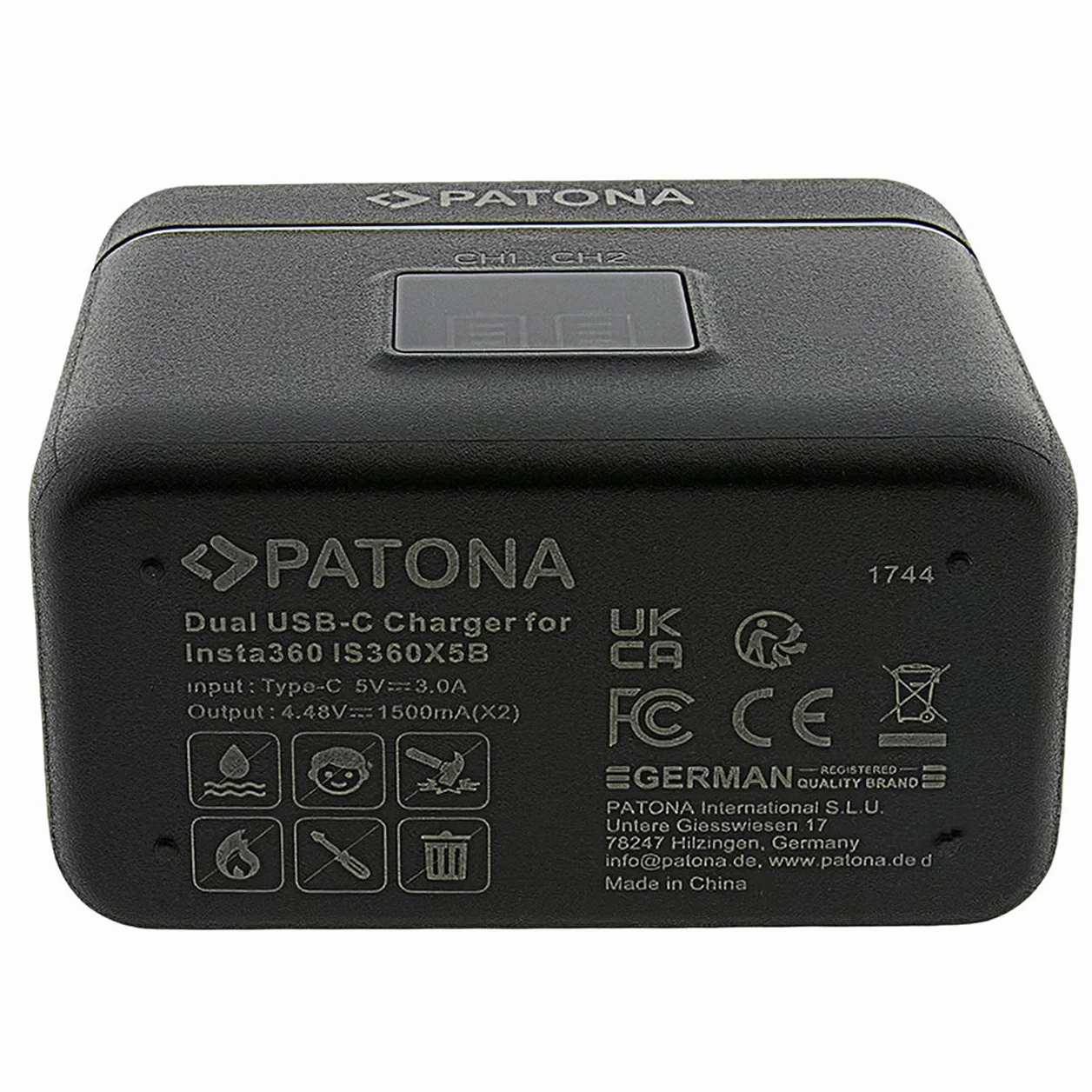 PATONA Caricabatterie doppio per Insta360 X5 batteria CINSBAHA – USB-C Scatola portaoggetti per 2 batterie e microSD, ingresso 5V 3A, cavo USB-C compatibile con action cam, compatto e leggero