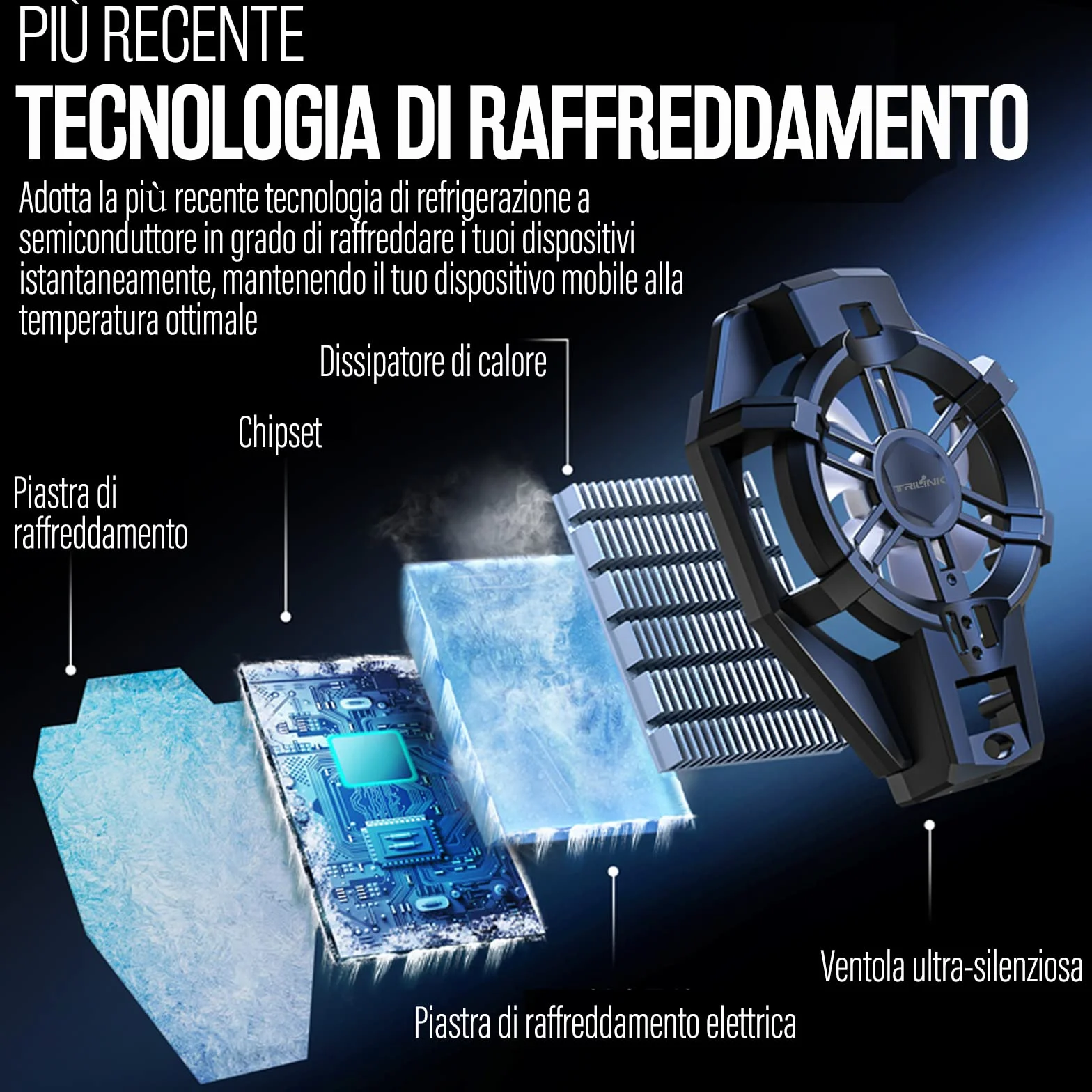 TRILINK Raffreddamento Telefono con Batteria Ricaricabile, Ventola per Gaming Adatto a Tutti i Tipi di iPhone, Smartphone Android, Radiatore per Cellulare con LED RGB