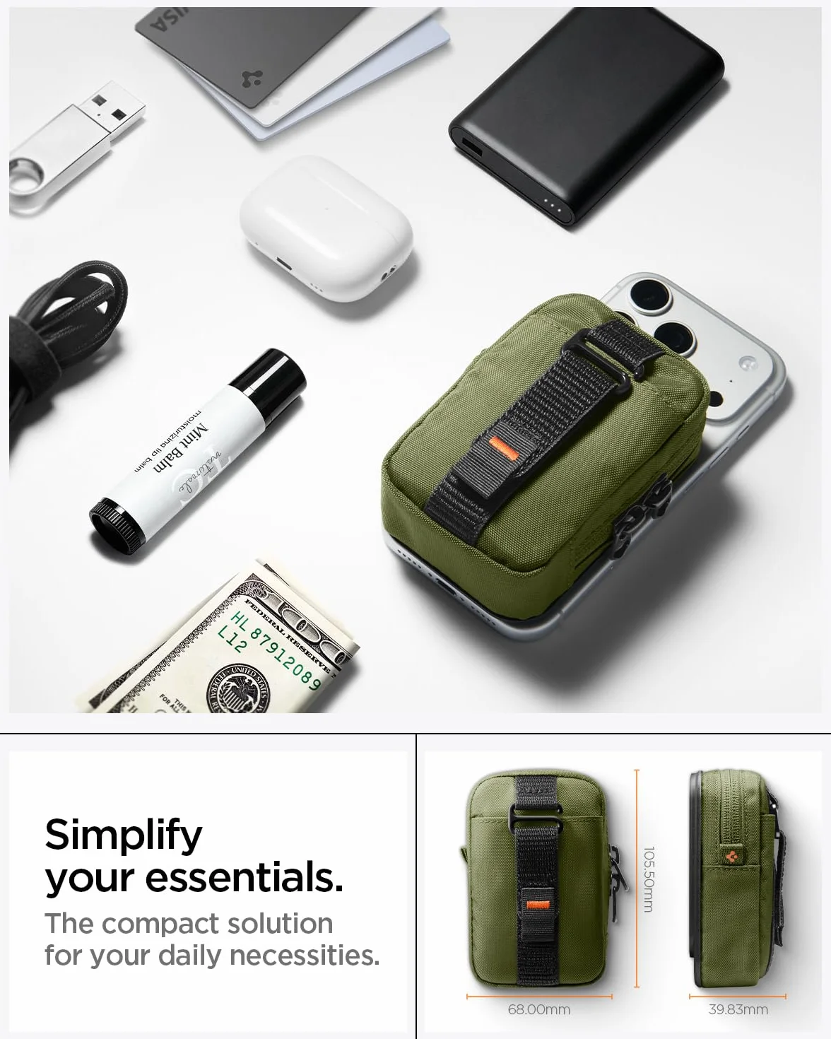 Spigen TinTap Zip MagFit Portafoglio MagSafe con Mini Pochette Blocco RFID Wallet Magnetico Portacarte Compatibile con iPhone 17/16-12, AirPods Pro 3-1 e AirPods 4-1, Accessori MagSafe - Verde Oliva