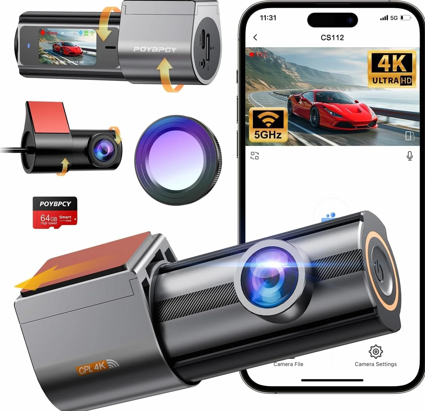 Dash Cam Auto, Doppia Dash Cam 4K+1080P con Filtro CPL, Dashcam con WiFi, Telecamera da Auto 170° Grandangolo,Scheda SD 64GB,G-Sensor,Monitoraggio Parcheggio 24H,Visione Notturna,Registrazione in Loop