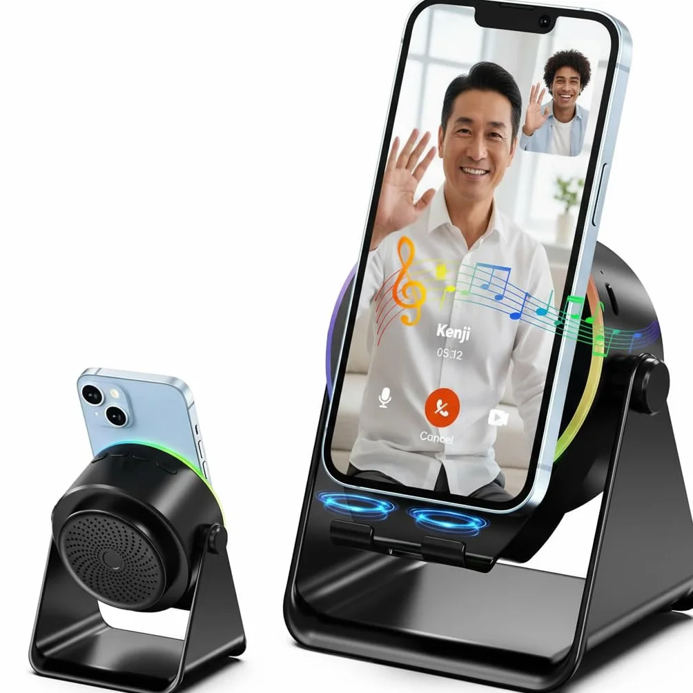 Altoparlante Bluetooth a induzione wireless 5 in 1 con supporto rotondo regolabile per telefono, altoparlante Bluetooth stereo multifunzionale, luce ambientale 8 RGB e lunga durata della