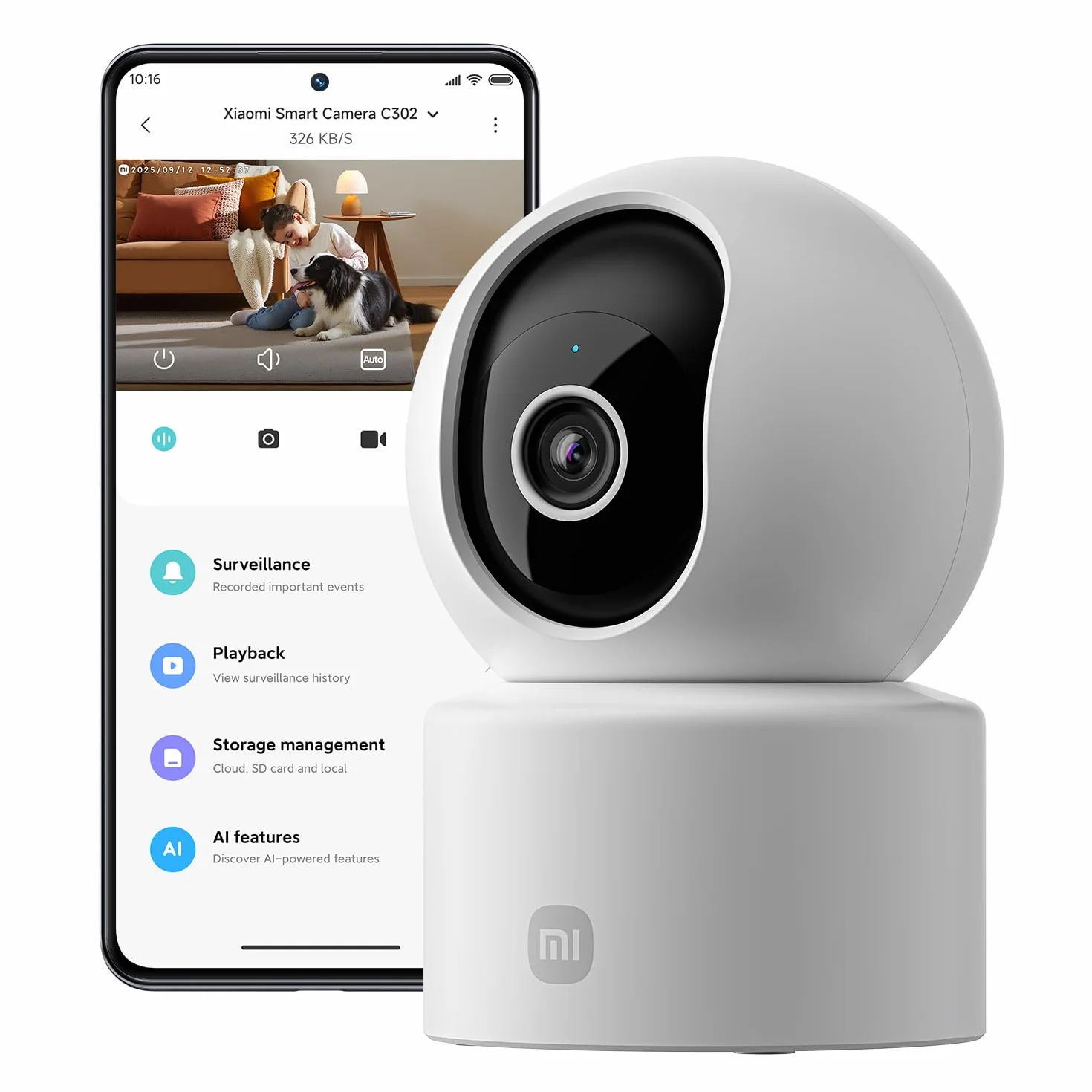 XIAOMI C302 Indoor WiFi Camera 2K (3MP) with Privacy Shield, 360° Vision Camera, AI Detection of Baby/Pets, Two-Way Audio, Ultra-Colors in Very Low Light, Alexa