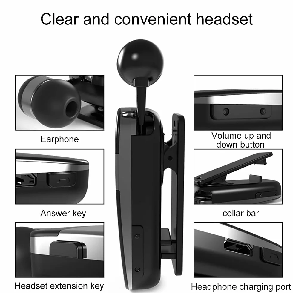 MoreChioce Cuffie Bluetooth 5.0, Auricolare Bluetooth Senza Fili Retrattile Cuffie Auricolari con Cancellazione del Rumore Cuffie Wireless Auricolari Cuffie Bluetooth nell'orecchio,10m,Grigio,k53
