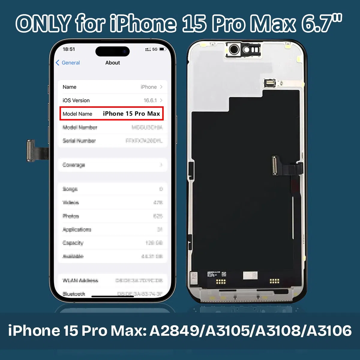 Display per iPhone 15 PRO Max, Schermo LCD Full HD 6,7" Touch Screen Digitizer Parti di Ricambio con Kit di Riparazione e Protezione Schermo