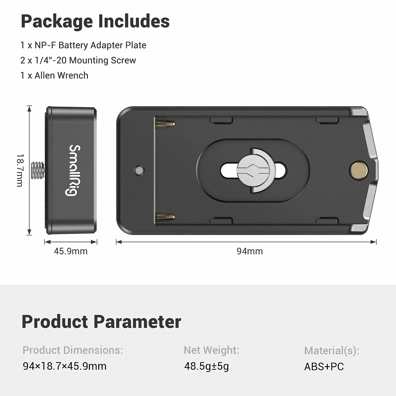 SMALLRIG Piastra Adattatore per Batteria Leggera NP-F (ABS+PC) Compatibile con Batterie di Tipo NP-F per Sony - 3018