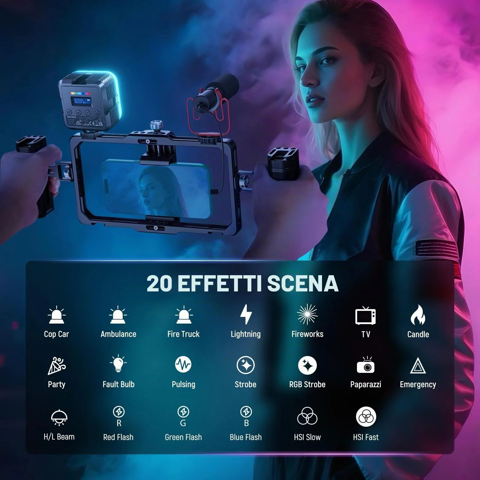 NEEWER Luce Fotocamera RGB Magnetica, Piccolo Pannello Video LED RGB61 a Colori 360° con 3 Cold Shoe, CRI 97+, 20 Modalità Scena, 2500K-8500K, 2000mAh, Illuminazione Selfie Portatile per Foto Video