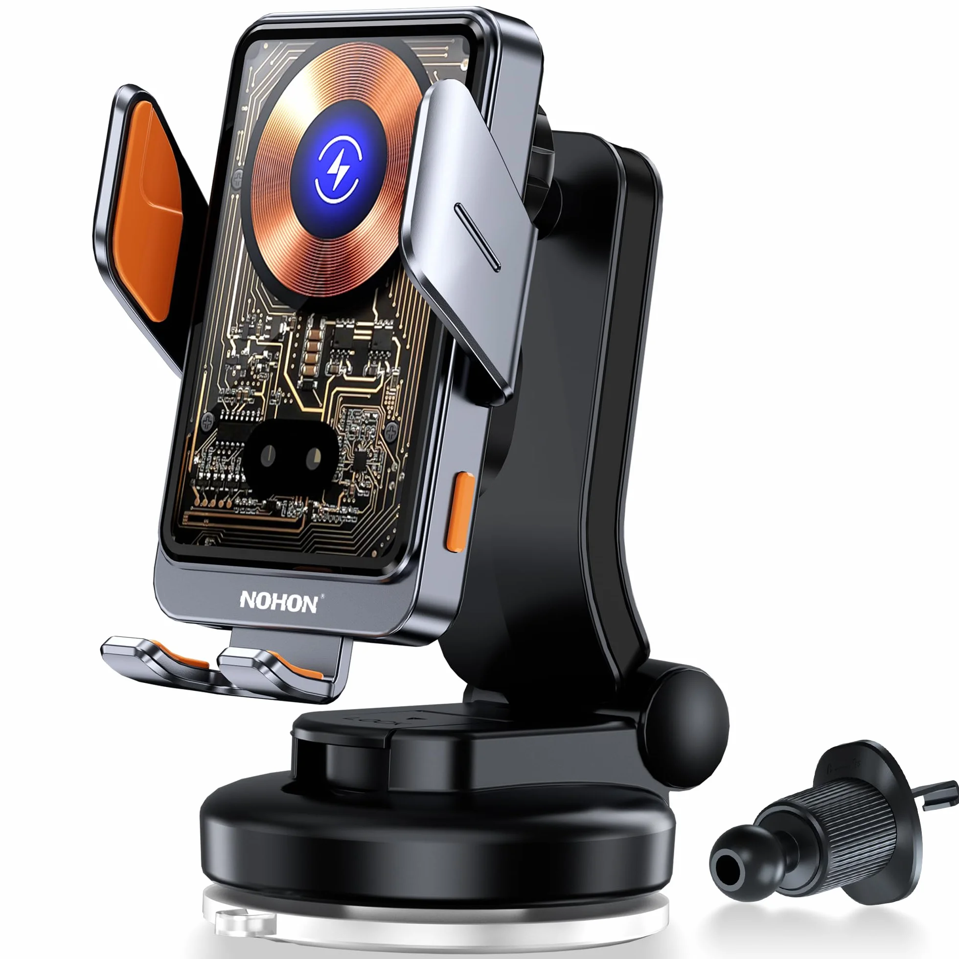 NOHON 15W Qi Caricatore Wireless Auto：Supporto Telefono Auto con Clip Ventosa per iPhone 17 16 15 14 13 12,Samsung,Xiaomi,360° Rotazione Auto-Bloccaggio Porta Cellulare Ricarica Wireless Auto