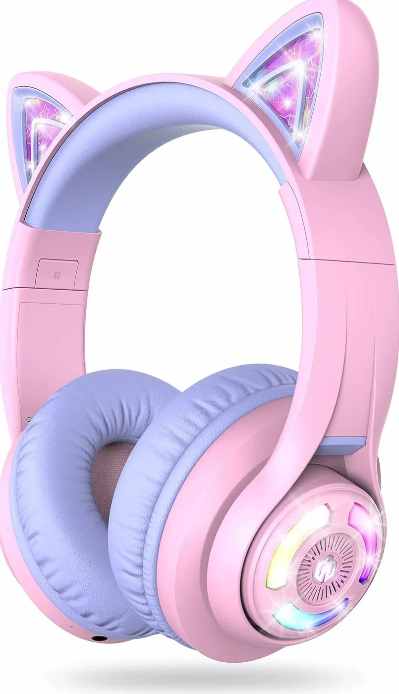 iClever Cuffie Bluetooth per Bambini, BTH13 Cat Ear LED Cuffie Wireless Bambini con Mic, 50 Ore di Riproduzione, 74/85dBA di Limitazione del Volume