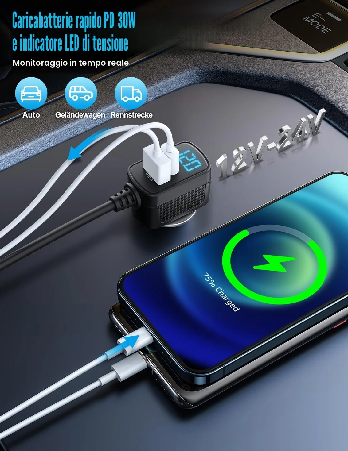 BESTEK Caricatore Auto USB-C PD USB QC3.0 Caricabatterie da Auto 148W, 9 in 1 Adattatore per Accendisigari 12V/24V con 3 Prese & 6 Porte con Display LED per iPhone Dash Cam