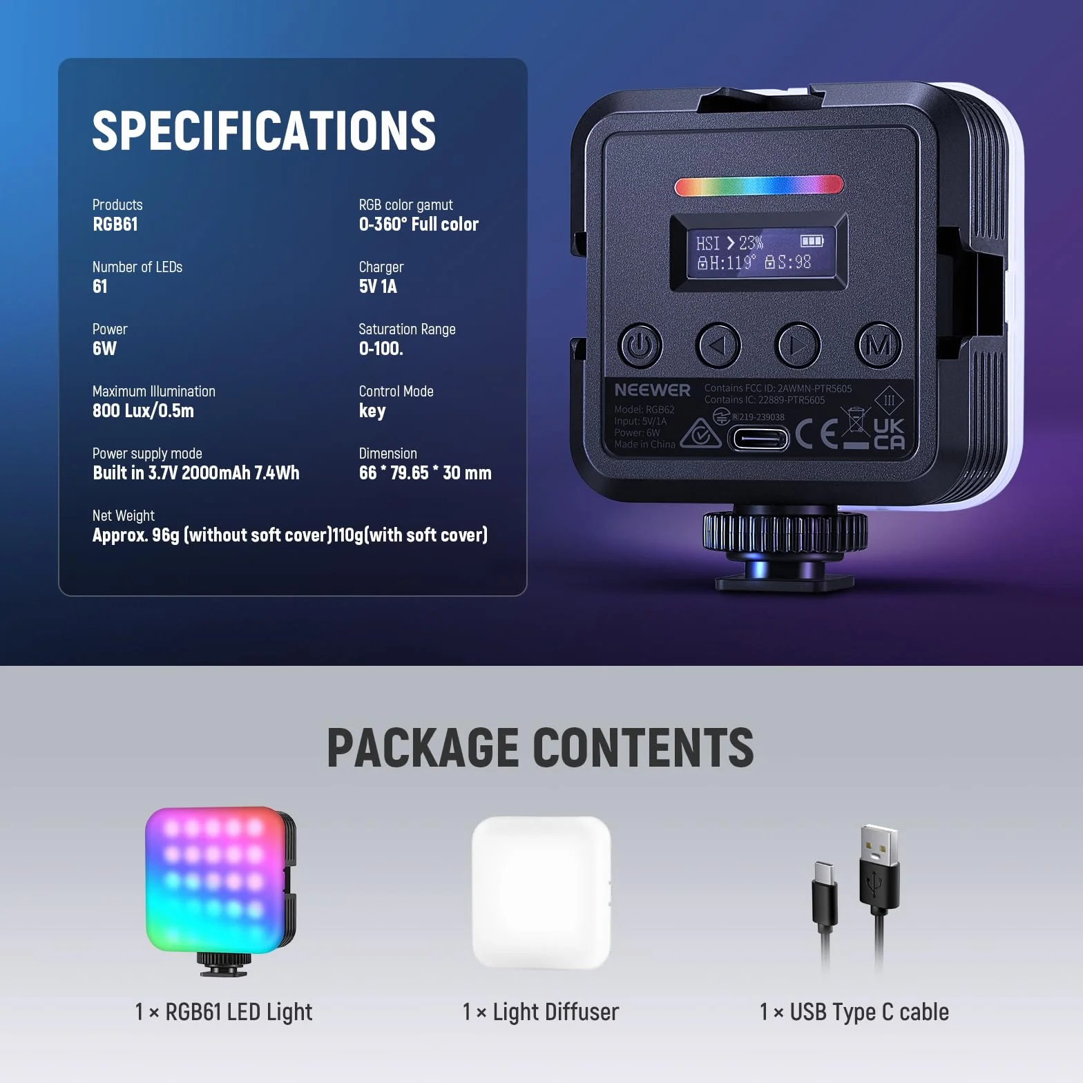 NEEWER Luce Fotocamera RGB Magnetica, Piccolo Pannello Video LED RGB61 a Colori 360° con 3 Cold Shoe, CRI 97+, 20 Modalità Scena, 2500K-8500K, 2000mAh, Illuminazione Selfie Portatile per Foto Video