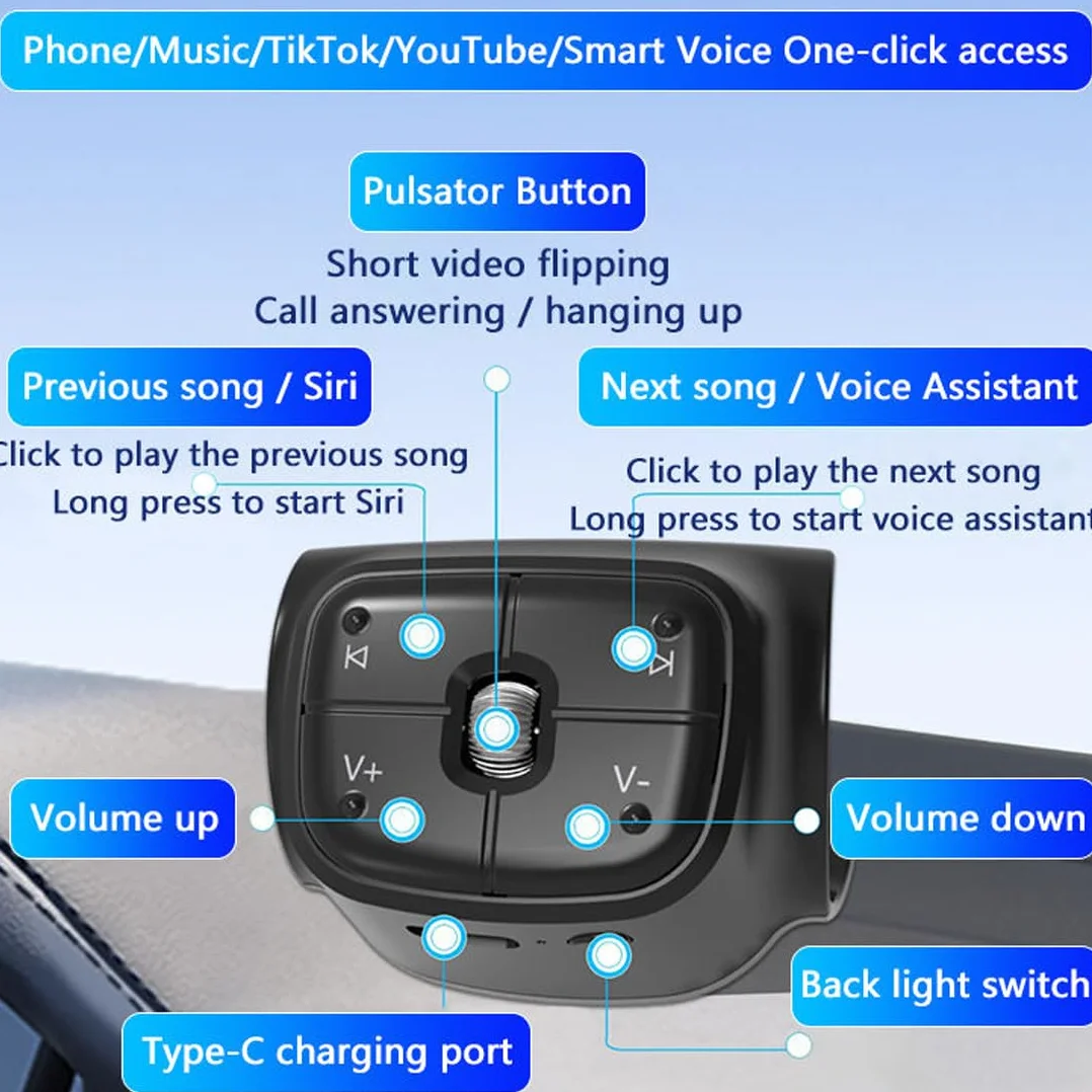 TikTok - Telecomando Bluetooth per auto, bici, moto, pulsante di controllo del volante, batteria ricaricabile integrata, compatibile con iPhone e telefoni Android