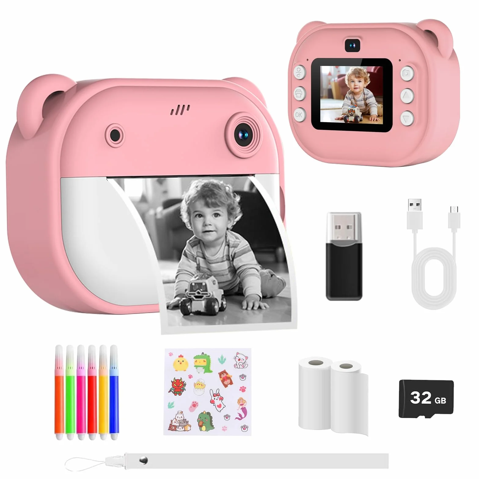 Macchina Fotografica Bambini Istantanea, Fotocamera Digitale con Carta da Stampa e Scheda TF da 32 G, Penne Colora, Regalo Natale Bambino e Bambina 3-14 Anni (Rosa)