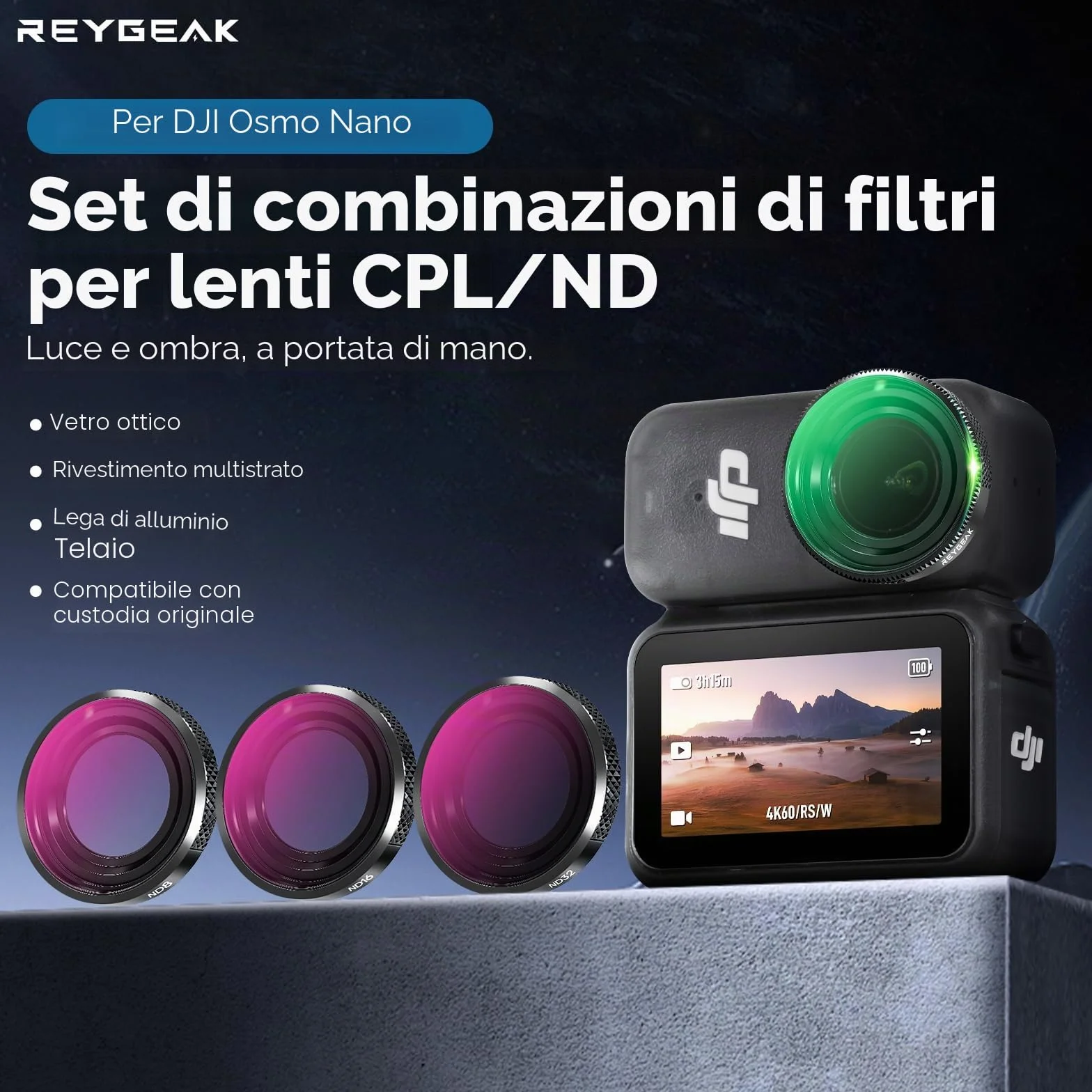 REYGEAK Set di filtri ND per DJI Osmo Nano, CPL/ND8/16/32 per OSMO Nano, telaio in alluminio multi-rivestito HD Optical Glass (CPL/ND8/16/32)