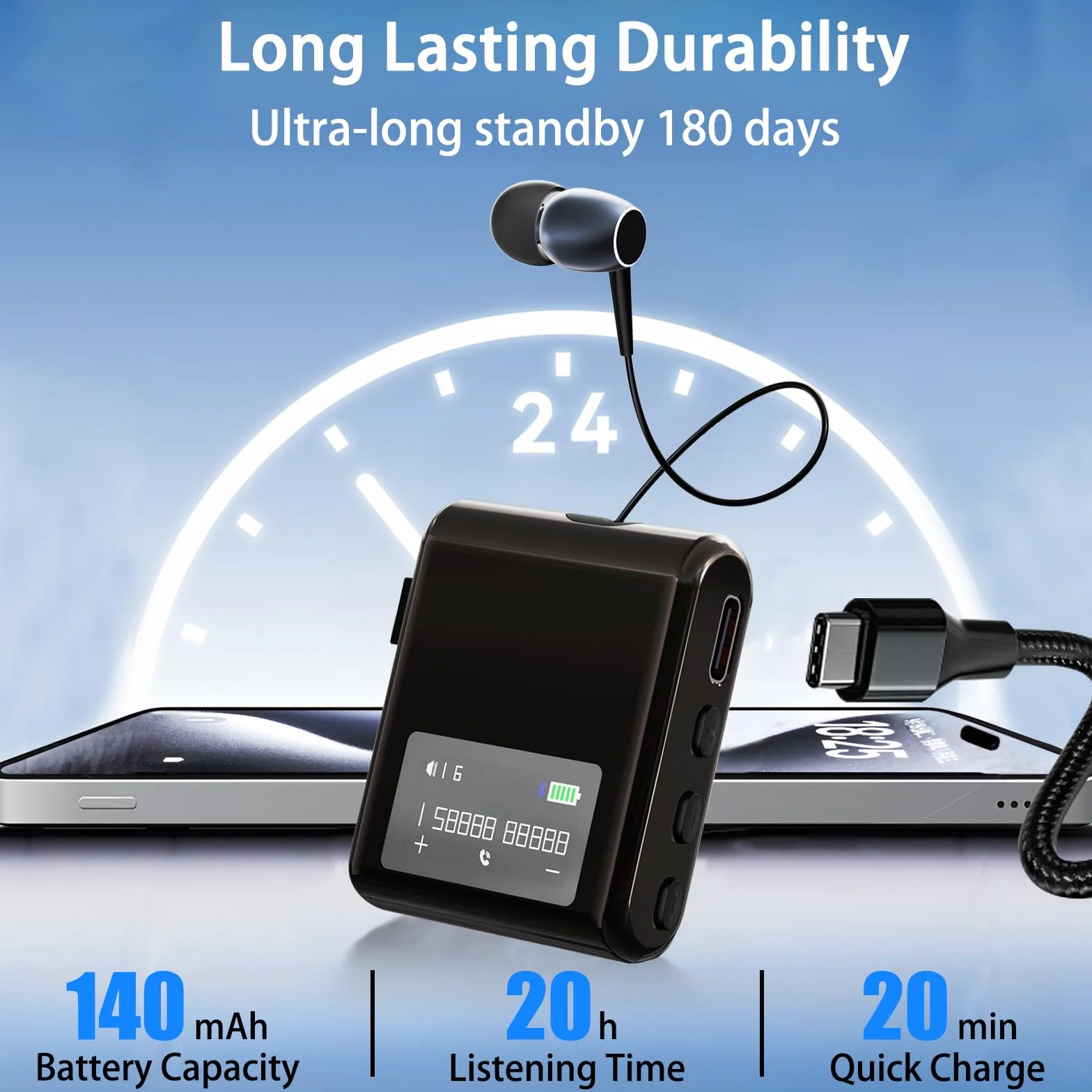 Auricolare Bluetooth Business con Filo Retrattile, Auricolar Senza Fili con Microfono, Cuffia Wireless Lavalier con Display LCD, Bluetooth 5.4, Ricarica Rapida (Nero)