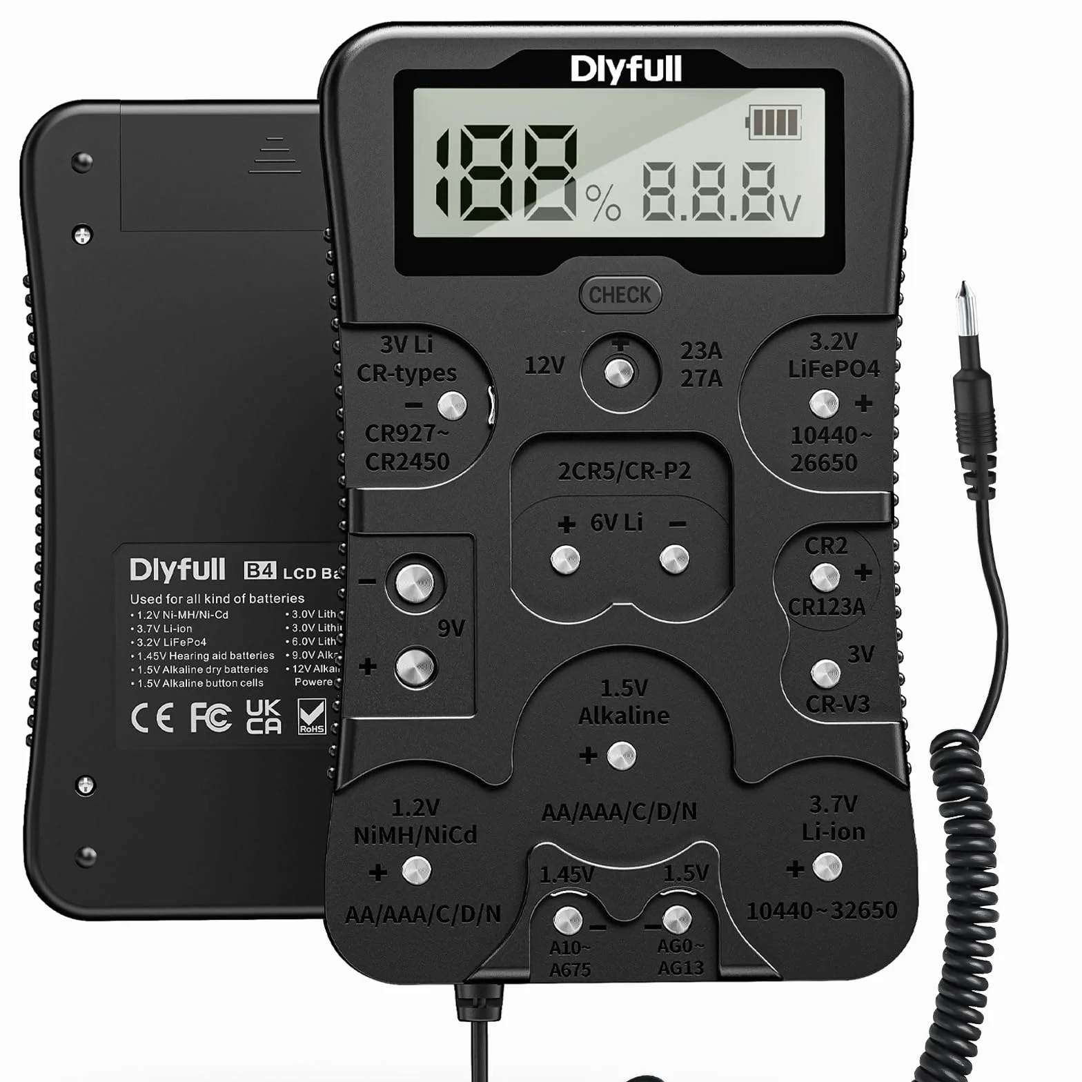 Dlyfull Tester Universale per Batterie AAA AA C D 9V CR123A CR2032 Display LCD 1,5V 3V