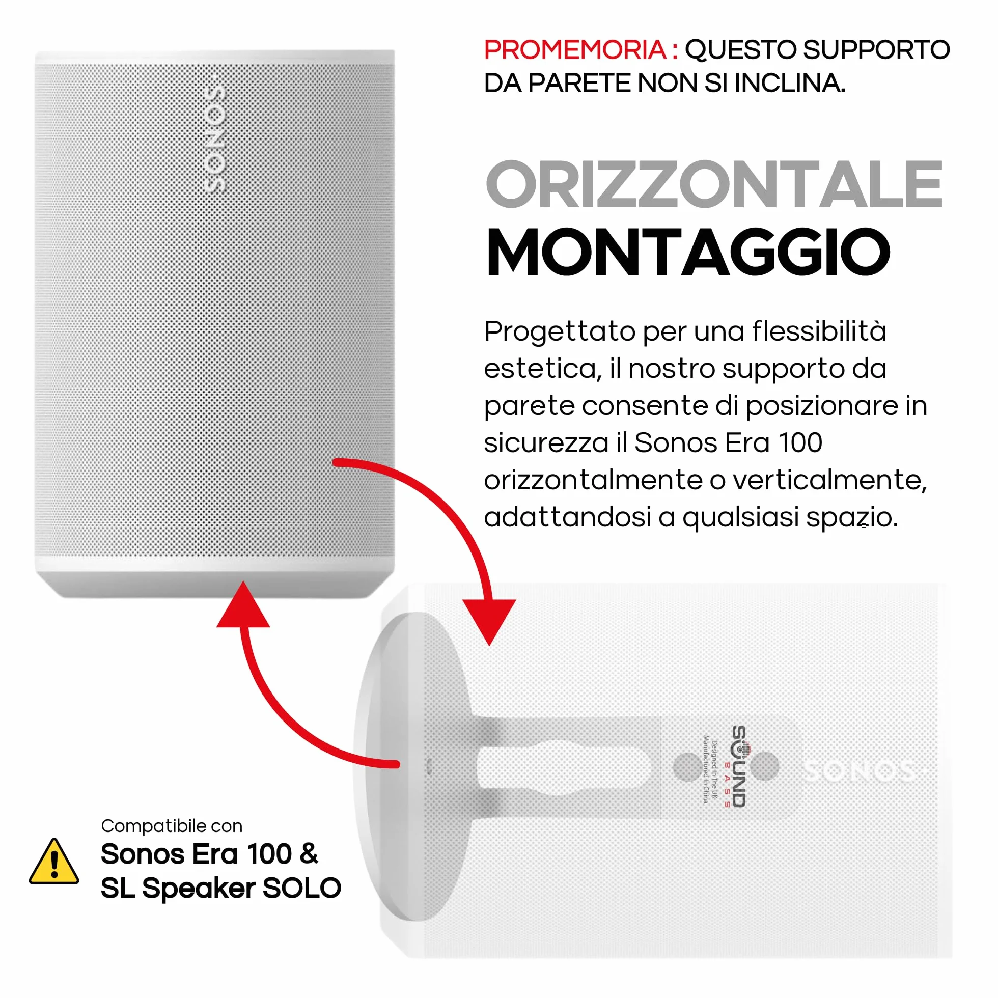 Sound bass Supporto da Parete ERA 100 – Profilo Basso, Bianco, Singolo (1 pz), Compatibile con Sonos ERA 100 & ERA 100 SL, Kit di Montaggio Incluso