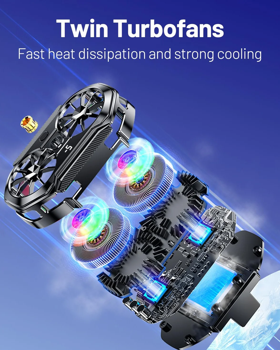 Dispositivo di raffreddamento per smartphone, gaming e live streaming, display temperatura LED, 3 velocità ventilazione, compatibile da 4,5 a 7 pollici