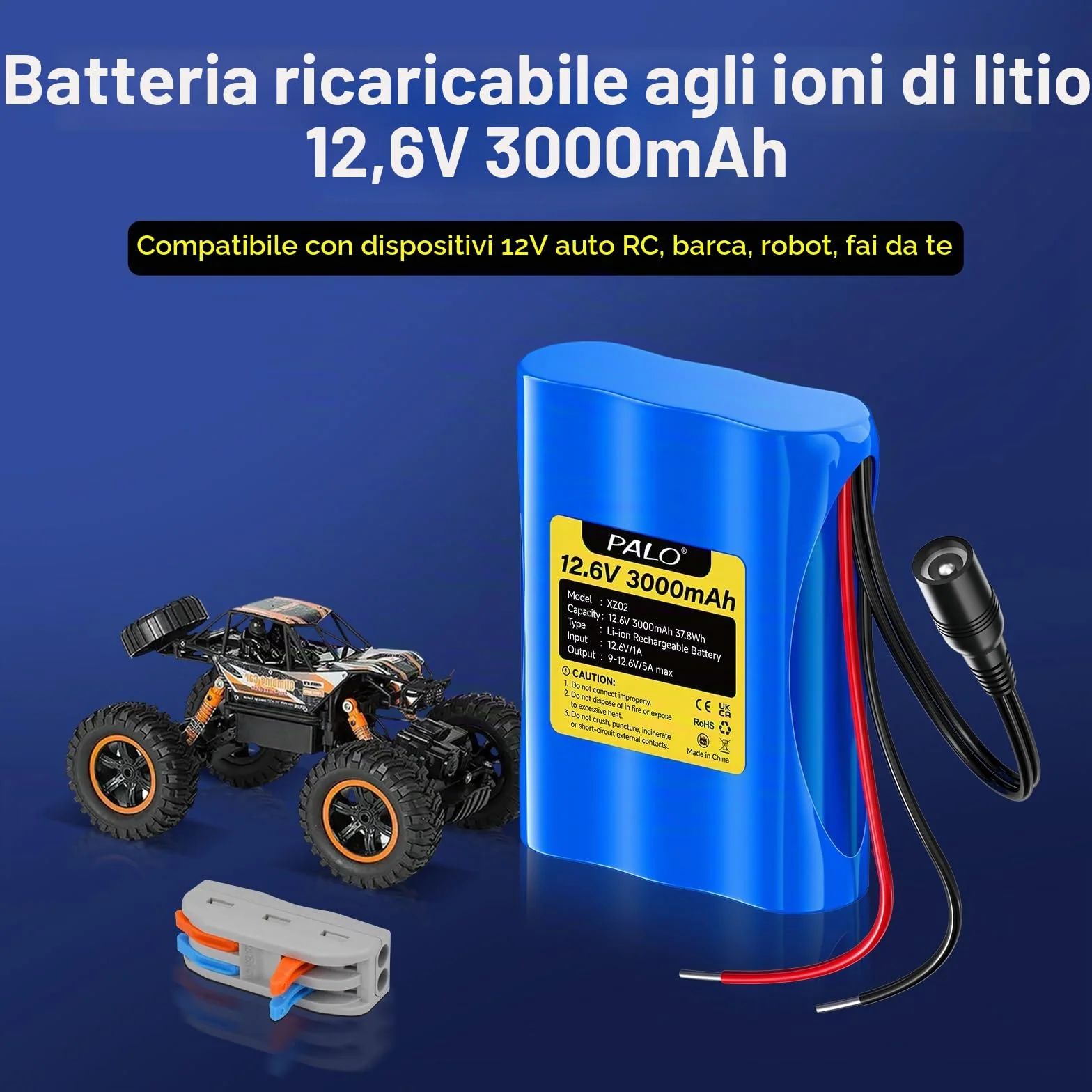 Batteria agli ioni di litio 12,6V 3000 mAh con caricabatterie e 2 linee di collegamento per pannello solare, radio, fotocamere, videocamere, lampada da lettura fai da te, telescopi, sonar