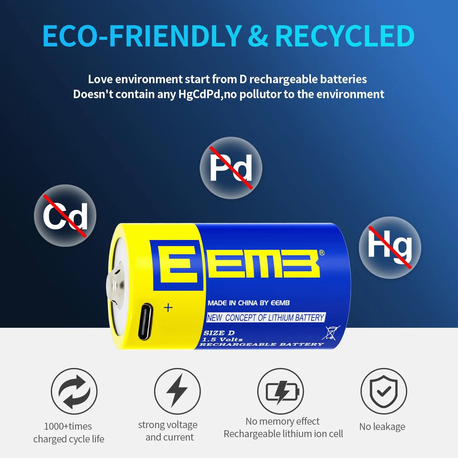 EEMB Confezione da 4 Batterie D Ricaricabili 1,5V, Alta Capacità 5550mWh, Pile Mono D al Litio con Cavo di Ricarica USB Tipo C, Batteria di Ricambio LR20 per Torce Elettriche e Radio