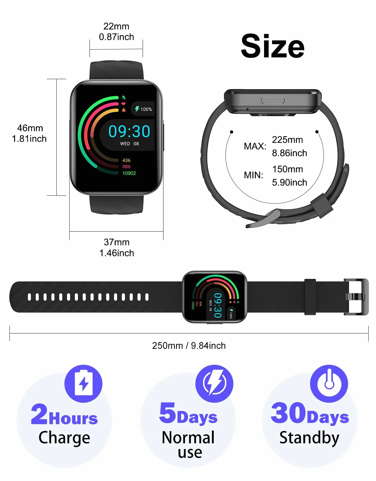 Smartwatch Uomo Donna Chiamate Bluetooth Smart Watch con Contapassi Cardiofrequenzimetro da Polso Saturimetro Orologio Fitness Notifice WhatsApp Impermeabile IP68 per Android iOS Nero