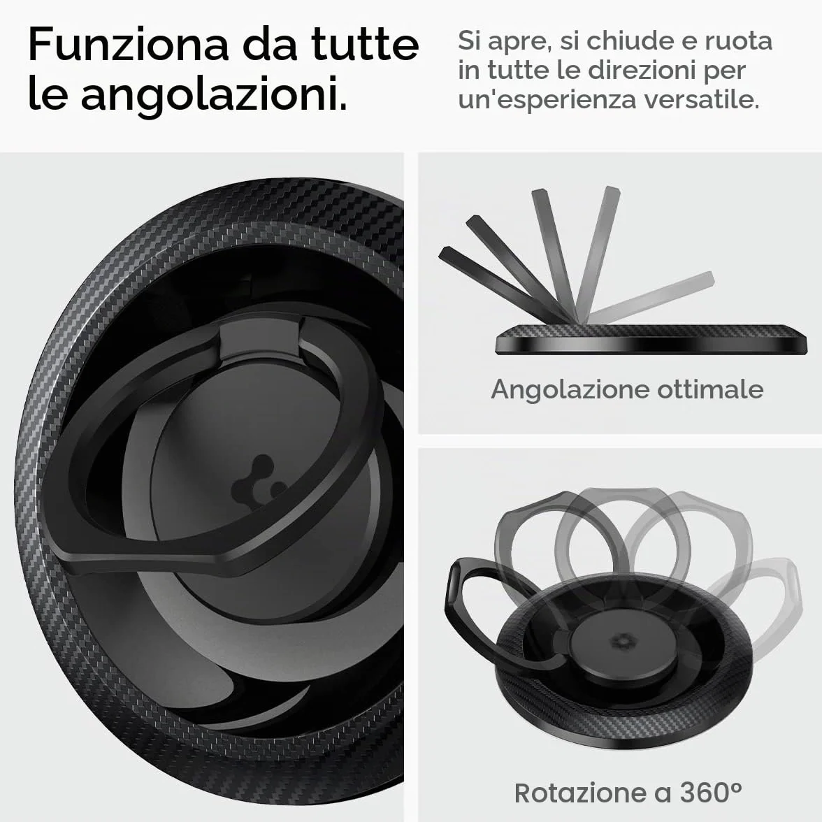 Spigen O-Mag Anello MagSafe, 360° Rotazione, Supporto Cellulare Magnetico Compatibile con iPhone 17 17e 16 15 14 13 Pro Max e Cover MagSafe/Pixelsnap per Samsung S26 S25 Ultra, Pixel 10 10a - Carbonio