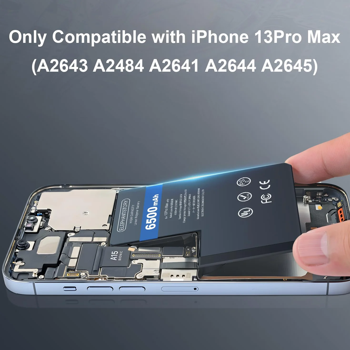 Elephantstory Batteria per Phone 13 Pro Max, 6500 mAh Batteria ai Polimeri di Litio ad Alta Capacità con Strumenti di Riparazione e Guida Compatibile con A2643 A2484 A2641 A2644 A2645
