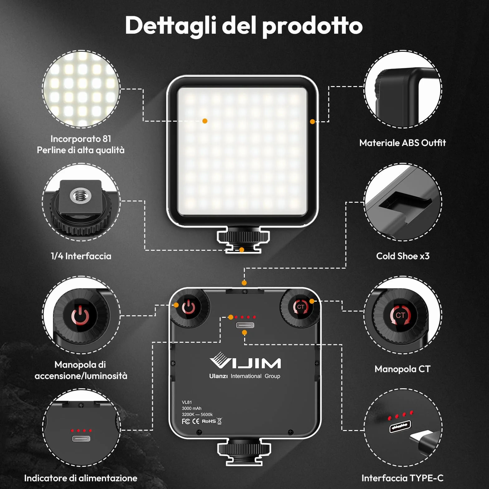 ULANZI VL81 Luce per Video, Led Usb con 3 Cold Shoe, Batteria Ricaricabile 3000mAh, Bicolore Dimmerabile 3200K-5600K CRI95+, Luce Fotografica Portatile per YouTube Tiktok Videoconferenze DSLR Vlog