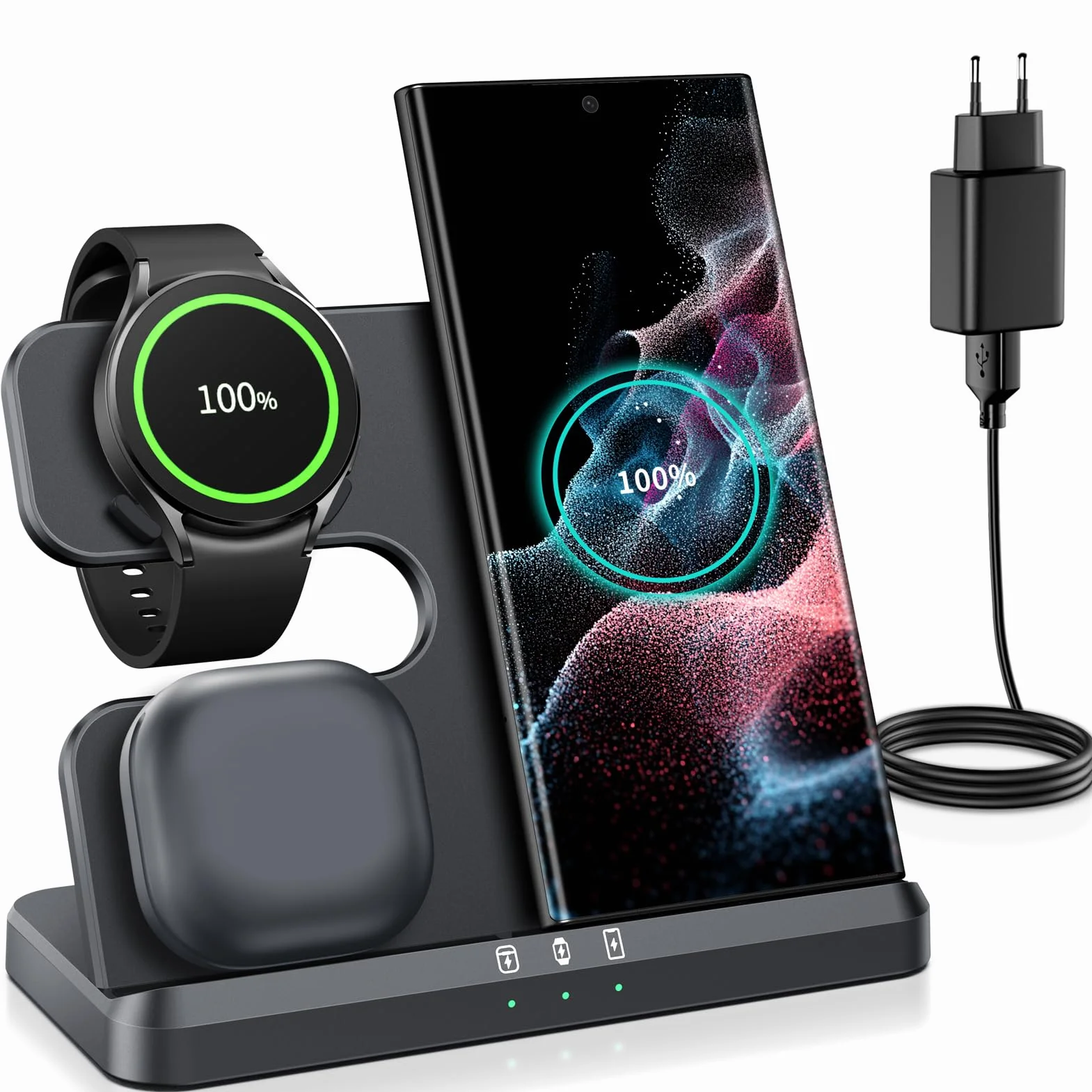 seacosmo Caricabatterie Wireless 3 in 1 per Samsung, Stazione Ricarica Wireless Rapida Charging Station, Caricatore S24/S23/S22/S21 Ultra/Z Flip/Fold 5/4, per Galaxy Watch 8/6/5 Pro & Galaxy Buds