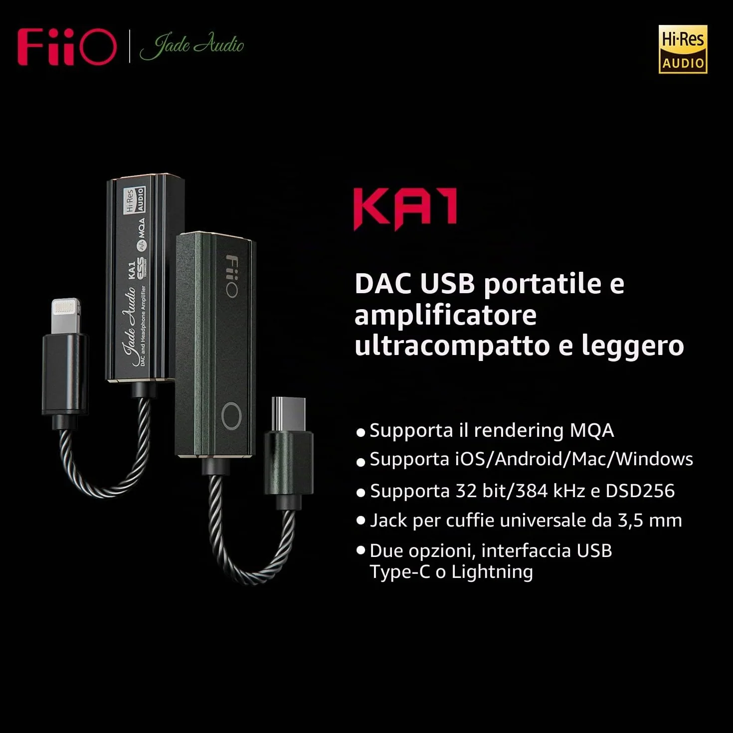 FIIO KA1 DAC Portatile con Amplificatore Cuffie Ultracompatto 32bit/384kHz DSD256 MQA (Versione Standard)