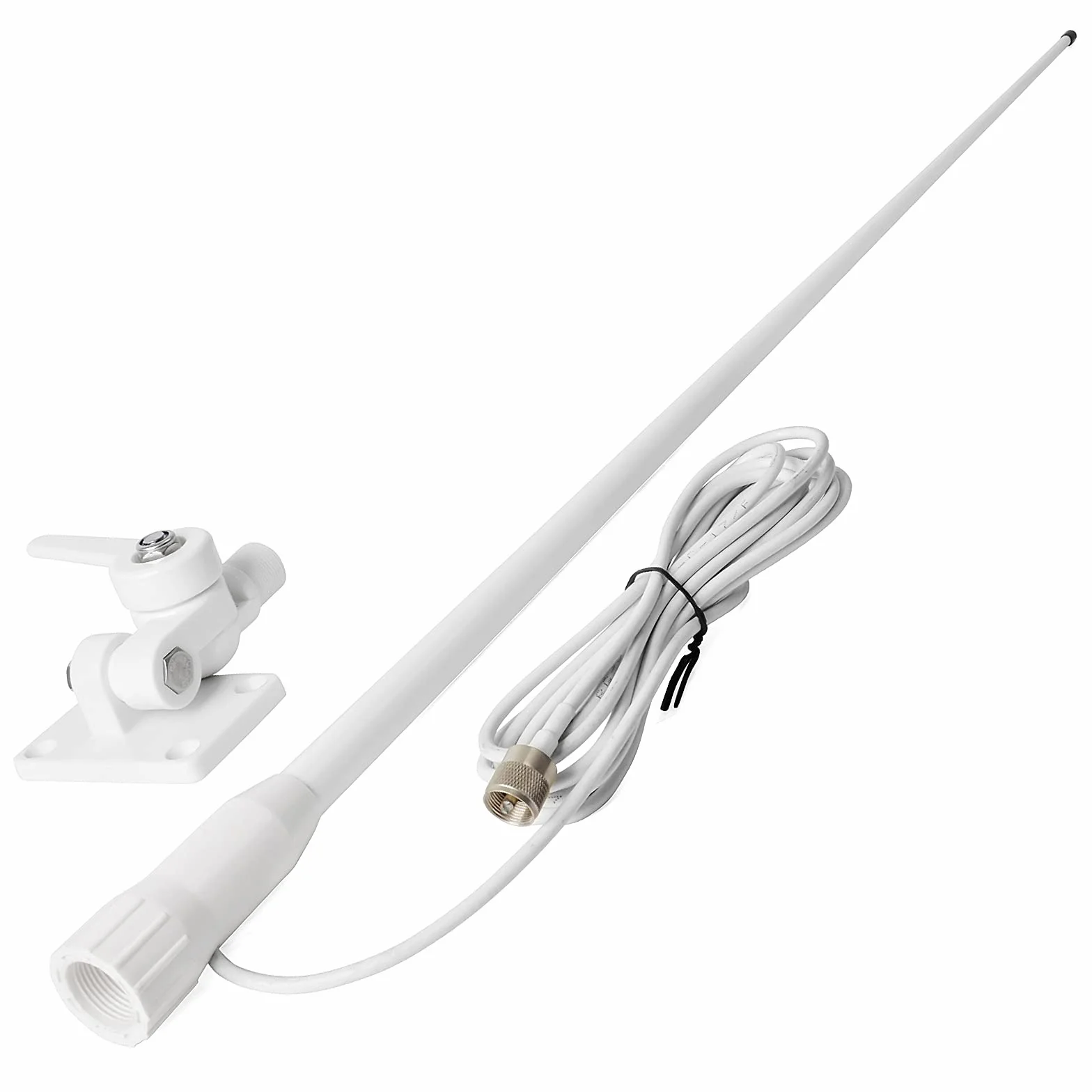 UAYESOK VHF Antena de radio marina impermeable de fibra de vidrio 1.1M Antena con 7m RG-58 Cable PL259 / Soporte de base ajustable para barco, Coche, ATV UTV (Blanco)