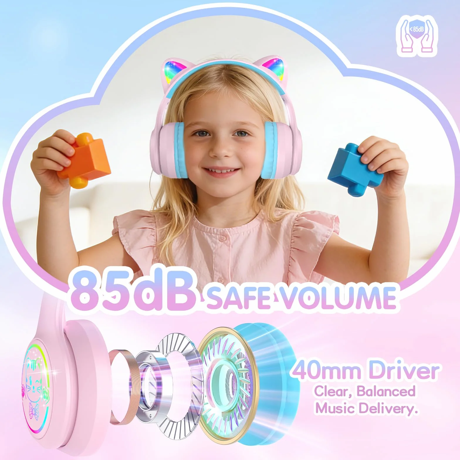 IFECCO Cuffie Bluetooth per bambini senza fili con custodia – Cuffie over-ear con luci LED, orecchie da gatto, limitazione del volume a 85 dBA, microfono integrato, compatibili con iPad/tablet/scuola