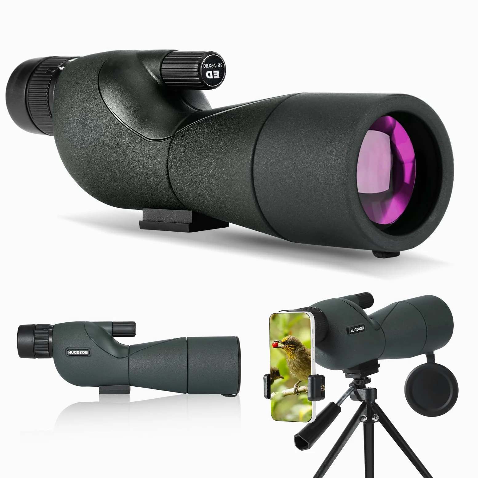 Cannocchiale con Treppiede, Borsa per il Trasporto e Adattatore per Smartphone - Cannocchiale Monoculare Impermeabile per Birdwatching, Tiro a segno, Tiro con Arco, Caccia (75G)