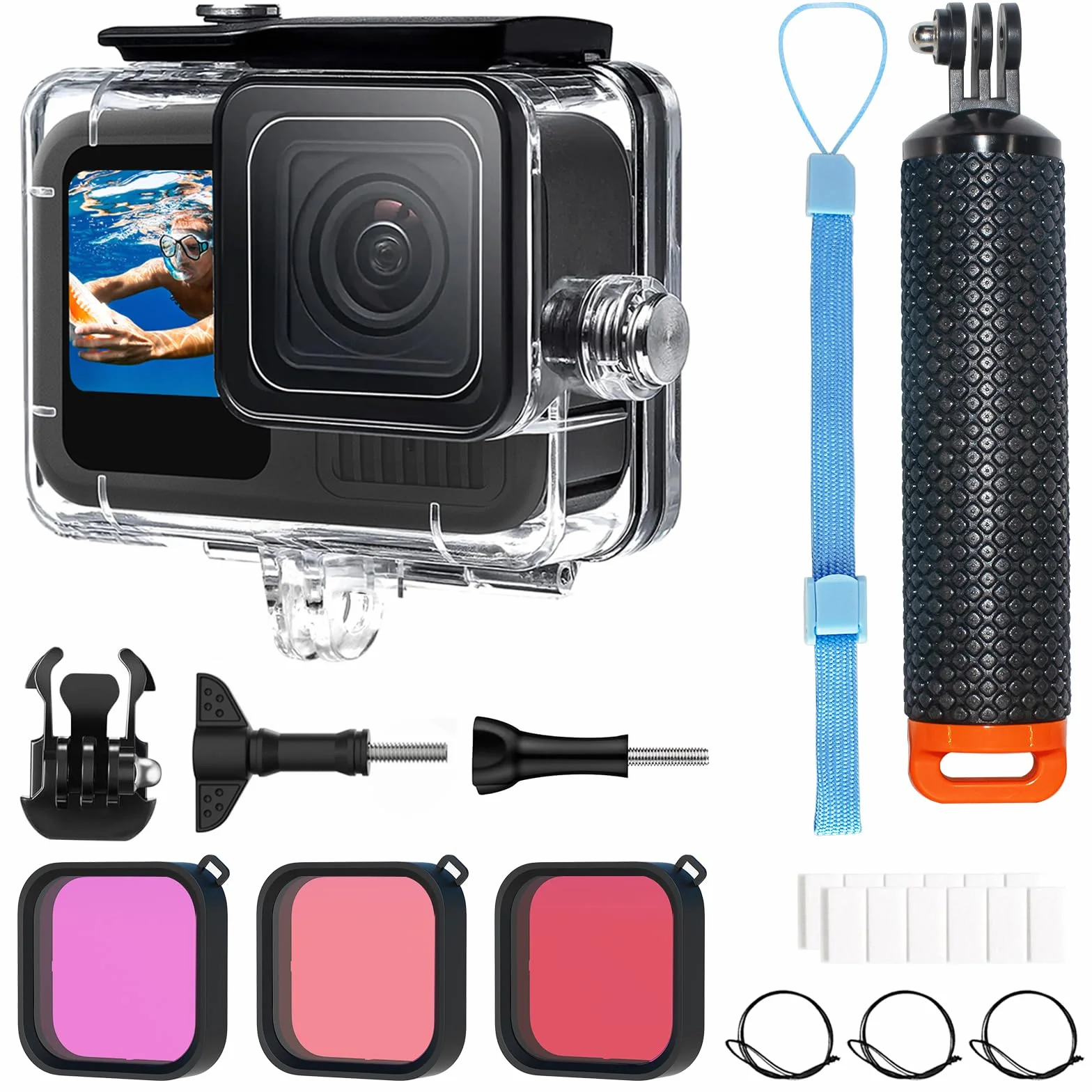 OKFUN Custodia impermeabile con 3 filtri per Go Pro Hero 13-10 nero, guscio protettivo subacqueo monopiede galleggiante impugnatura bastone action camera accessori