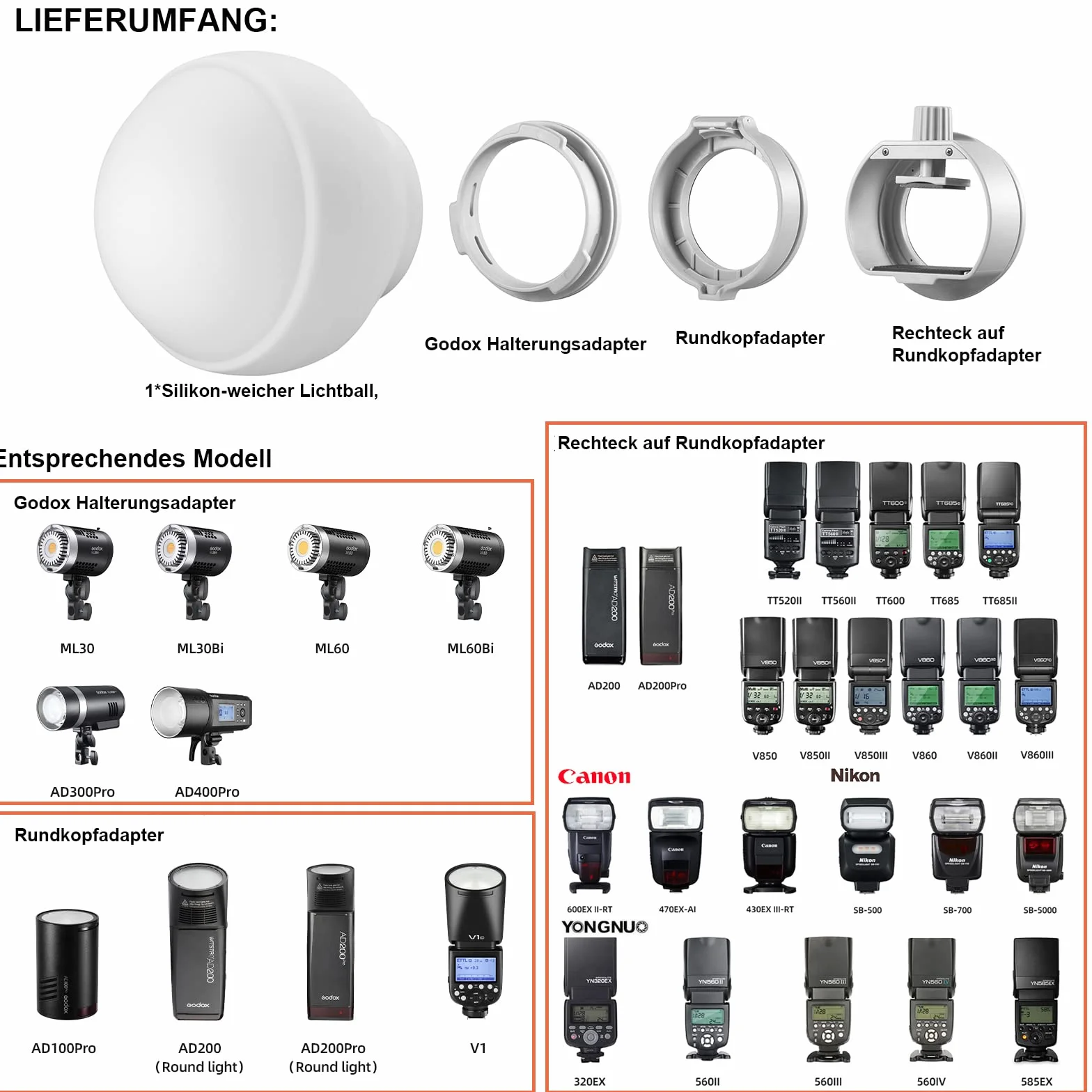 Godox ML-CD15 - Kit cupola di diffusione (3 anelli adattatori inclusi), diffusore pieghevole per ML30 ML30Bi ML60 ML60Bi V1S V1C V1N V1O V1F V850III V860III TT685II AD100/200/300/400Pro
