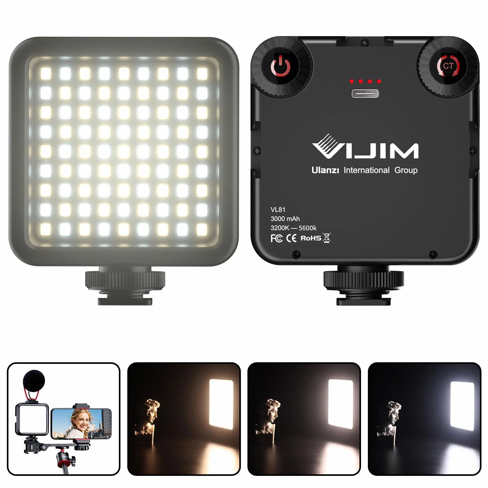 ULANZI VL81 Luce per Video, Led Usb con 3 Cold Shoe, Batteria Ricaricabile 3000mAh, Bicolore Dimmerabile 3200K-5600K CRI95+, Luce Fotografica Portatile per YouTube Tiktok Videoconferenze DSLR Vlog