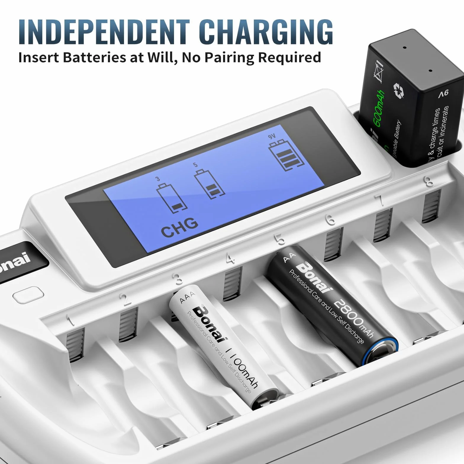 BONAI Caricabatterie Pile Ricaricabili AA AAA e 9V, Carica Batterie a 9 Slot Indipendenti per Ni-MH con Schermo LCD, Ingresso Professionale DC 12V/1A e Funzione di Scarica