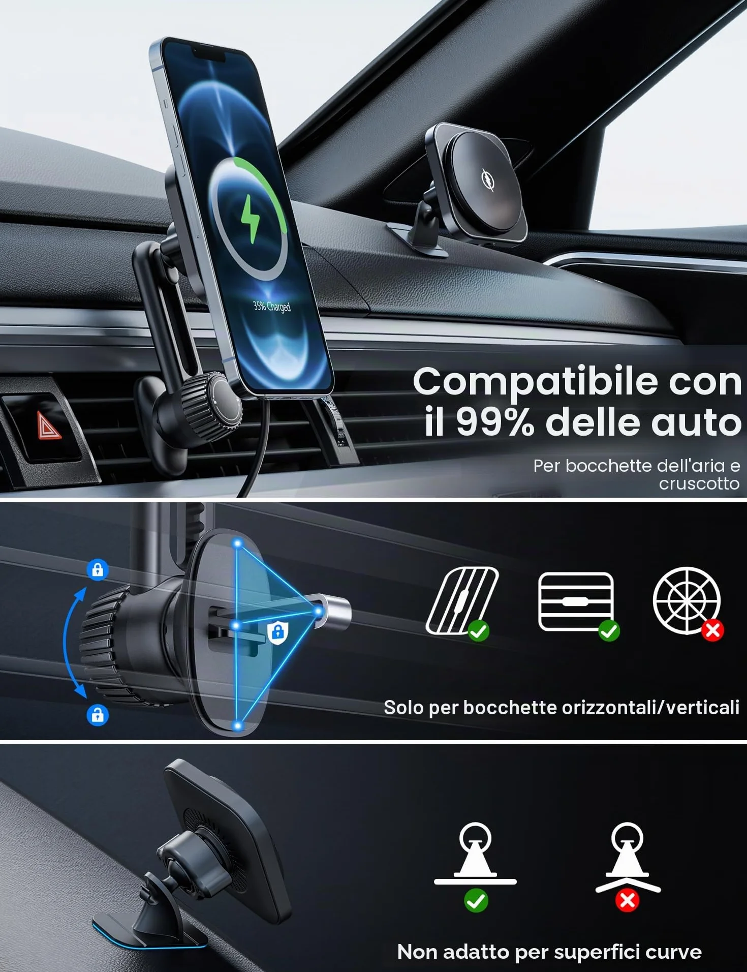 Caricatore Ricarica Wireless Auto 15W for Magsafe, Supporto Magnetico Telefono Auto Wireless，Porta Cellulare Auto Ricarica Wireless per iPhone 12/13/14/15 Pro/Max/Plus/Mini serie